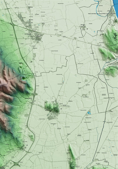 Mapa artístico del relieve de la Tallada d'Empordà, al Baix Empordà, con 15 km de entorno y base topográfica ICGC. Detalle de la zona superior derecha.