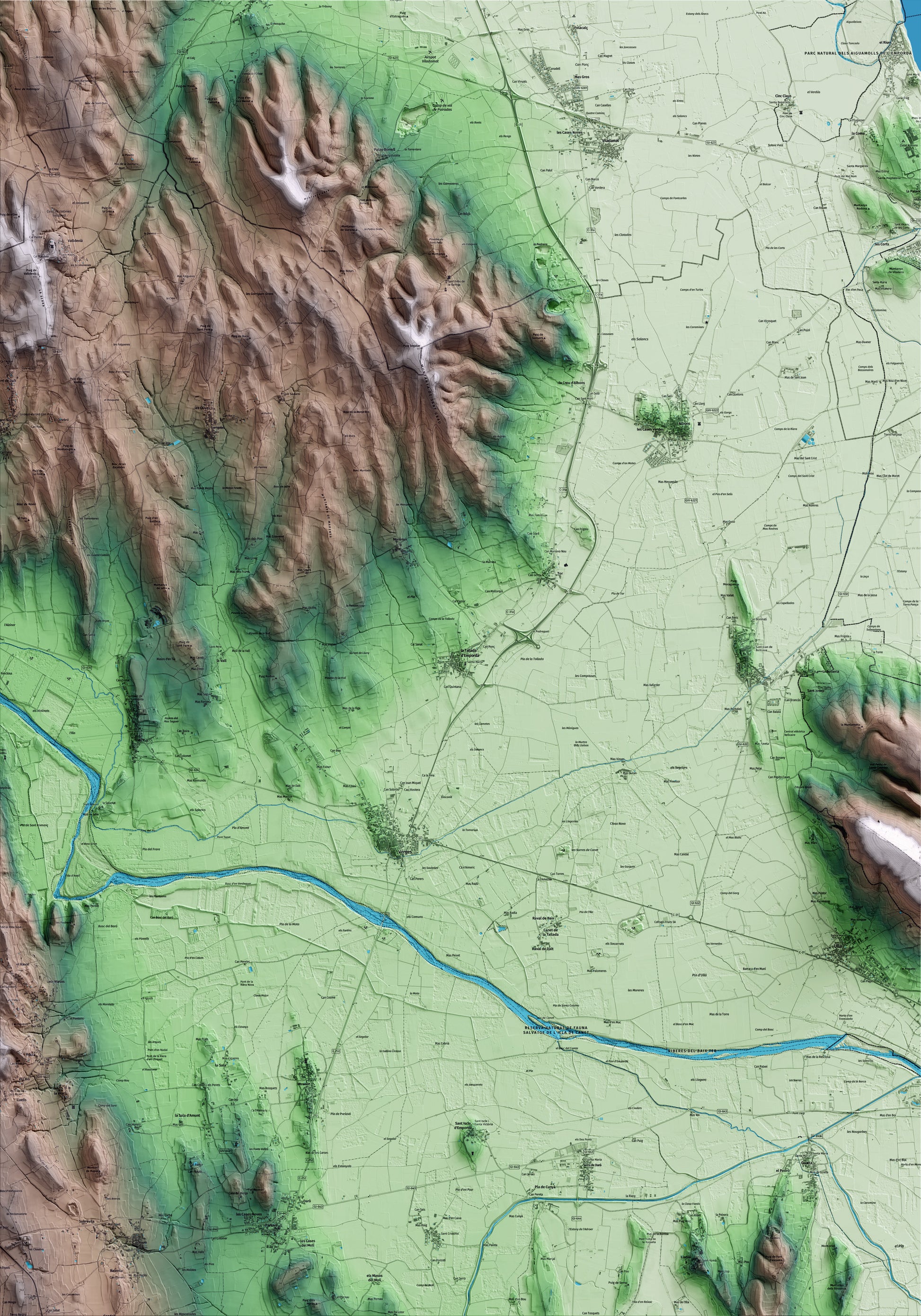 Mapa artístico del relieve de la Tallada d'Empordà, al Baix Empordà, con 15 km de entorno y base topográfica ICGC