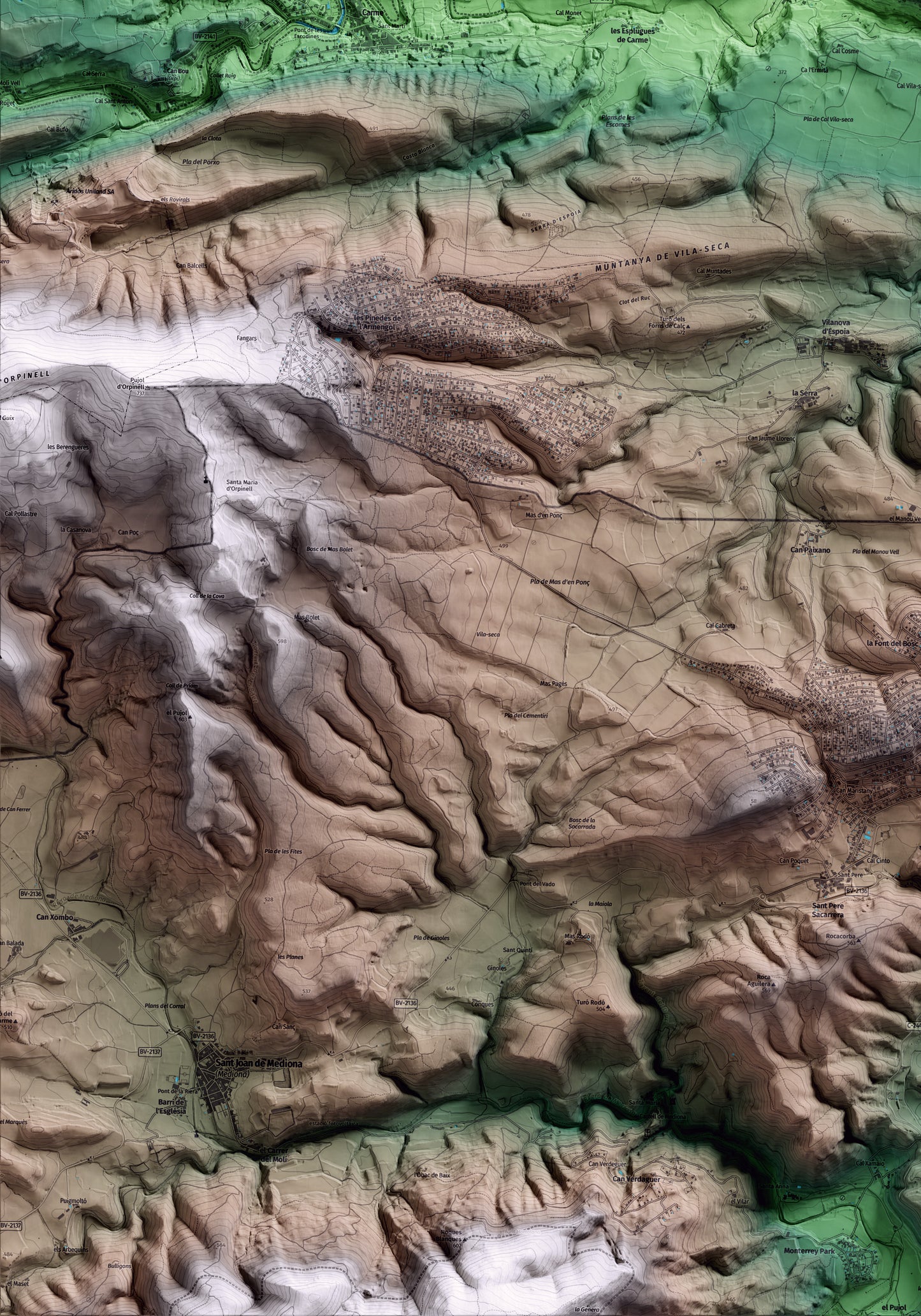 Mapa artístico del relieve de la Torre de Claramunt, al Anoia, con 15 km de entorno y base topográfica ICGC. Detalle de la zona inferior izquierda.