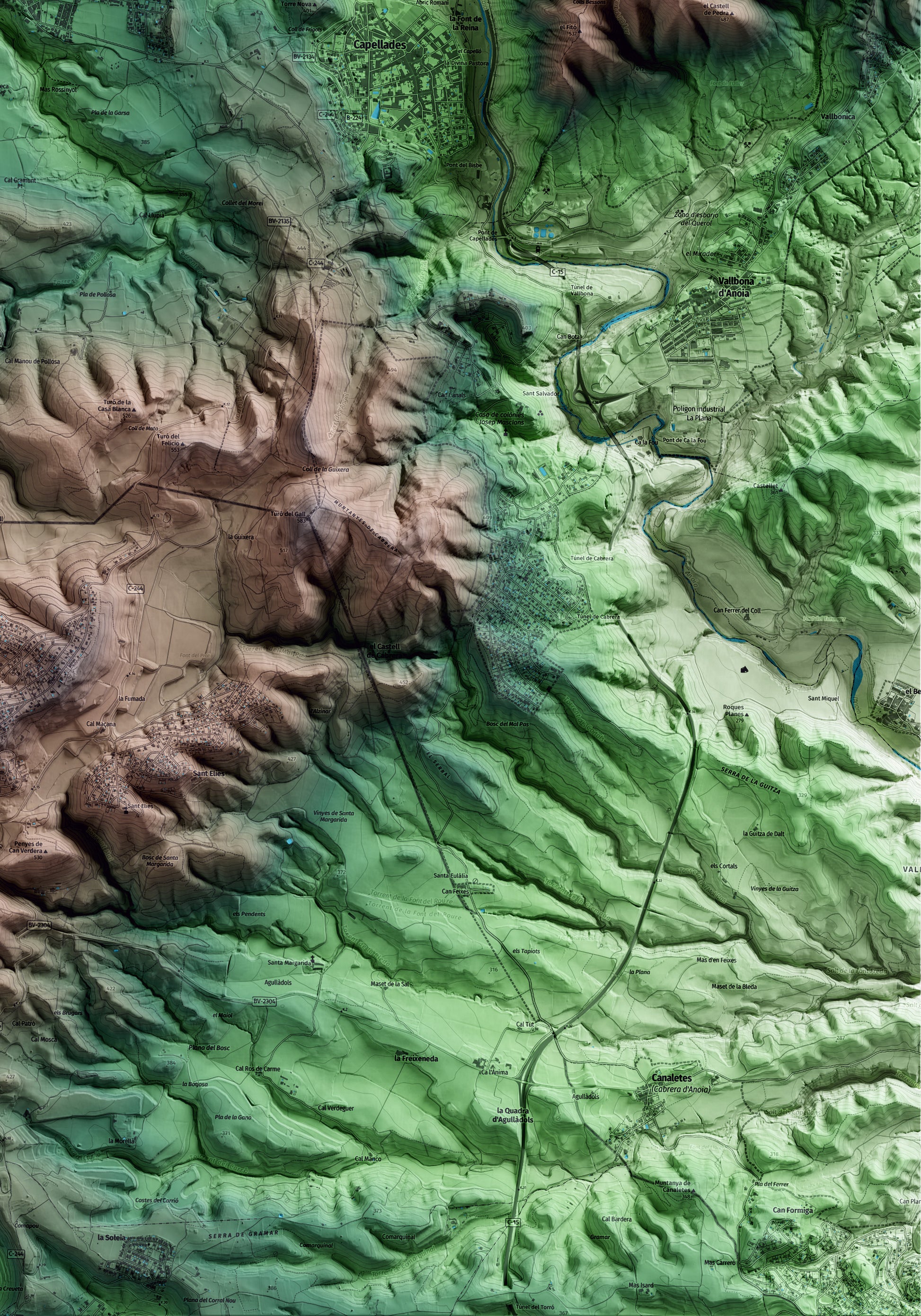 Mapa artístico del relieve de la Torre de Claramunt, al Anoia, con 15 km de entorno y base topográfica ICGC. Detalle de la zona inferior derecha.