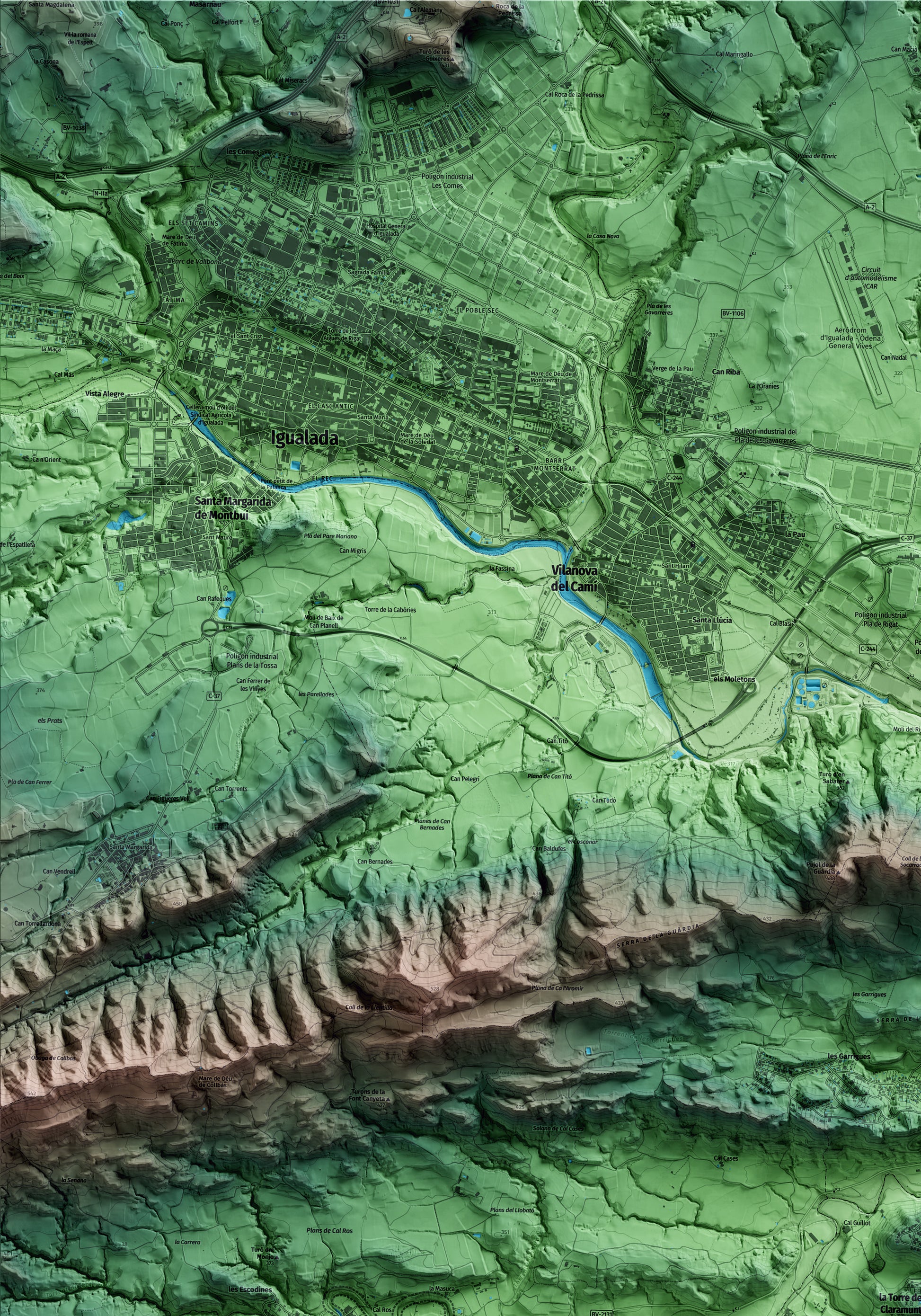 Mapa artístico del relieve de la Torre de Claramunt, al Anoia, con 15 km de entorno y base topográfica ICGC. Detalle de la zona superior izquierda.
