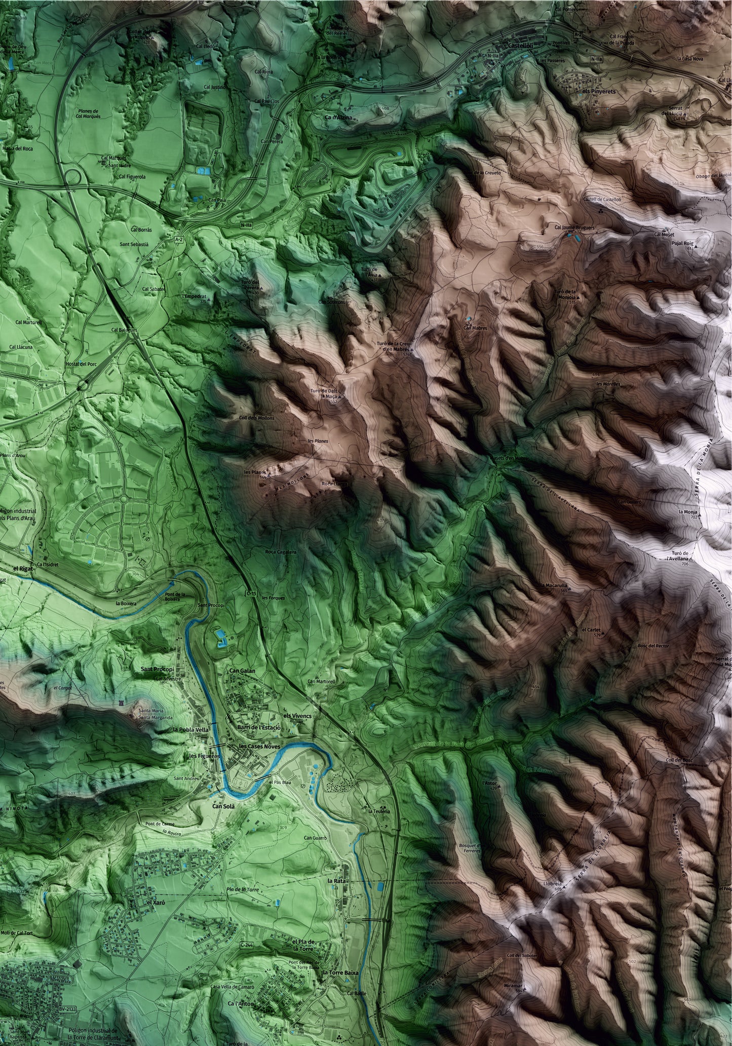 Mapa artístico del relieve de la Torre de Claramunt, al Anoia, con 15 km de entorno y base topográfica ICGC. Detalle de la zona superior derecha.