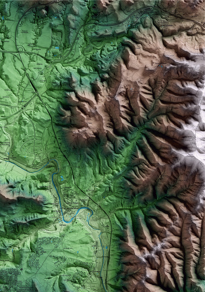 Mapa artístico del relieve de la Torre de Claramunt, al Anoia, con 15 km de entorno y base topográfica ICGC. Detalle de la zona superior derecha.