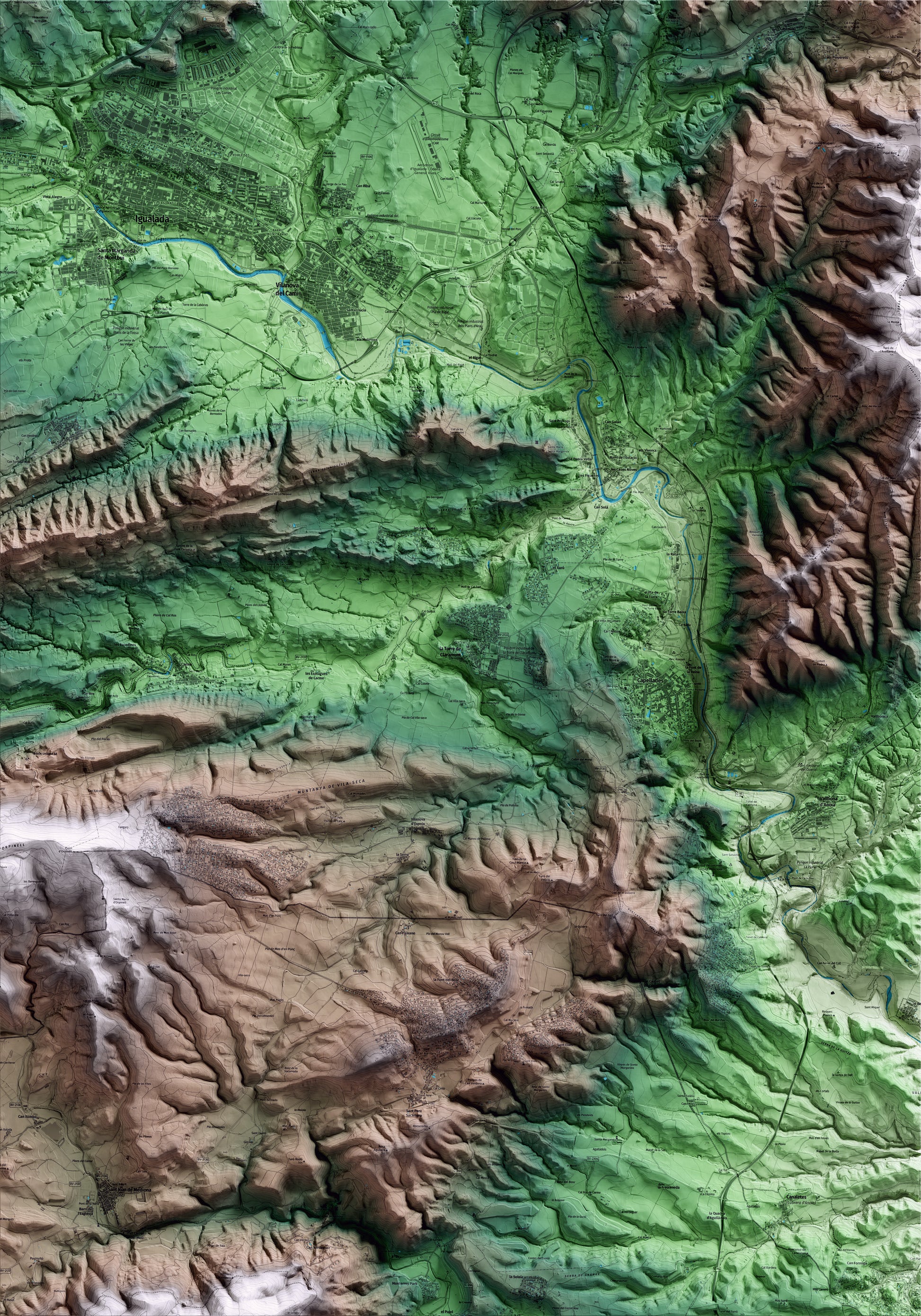 Mapa artístico del relieve de la Torre de Claramunt, al Anoia, con 15 km de entorno y base topográfica ICGC