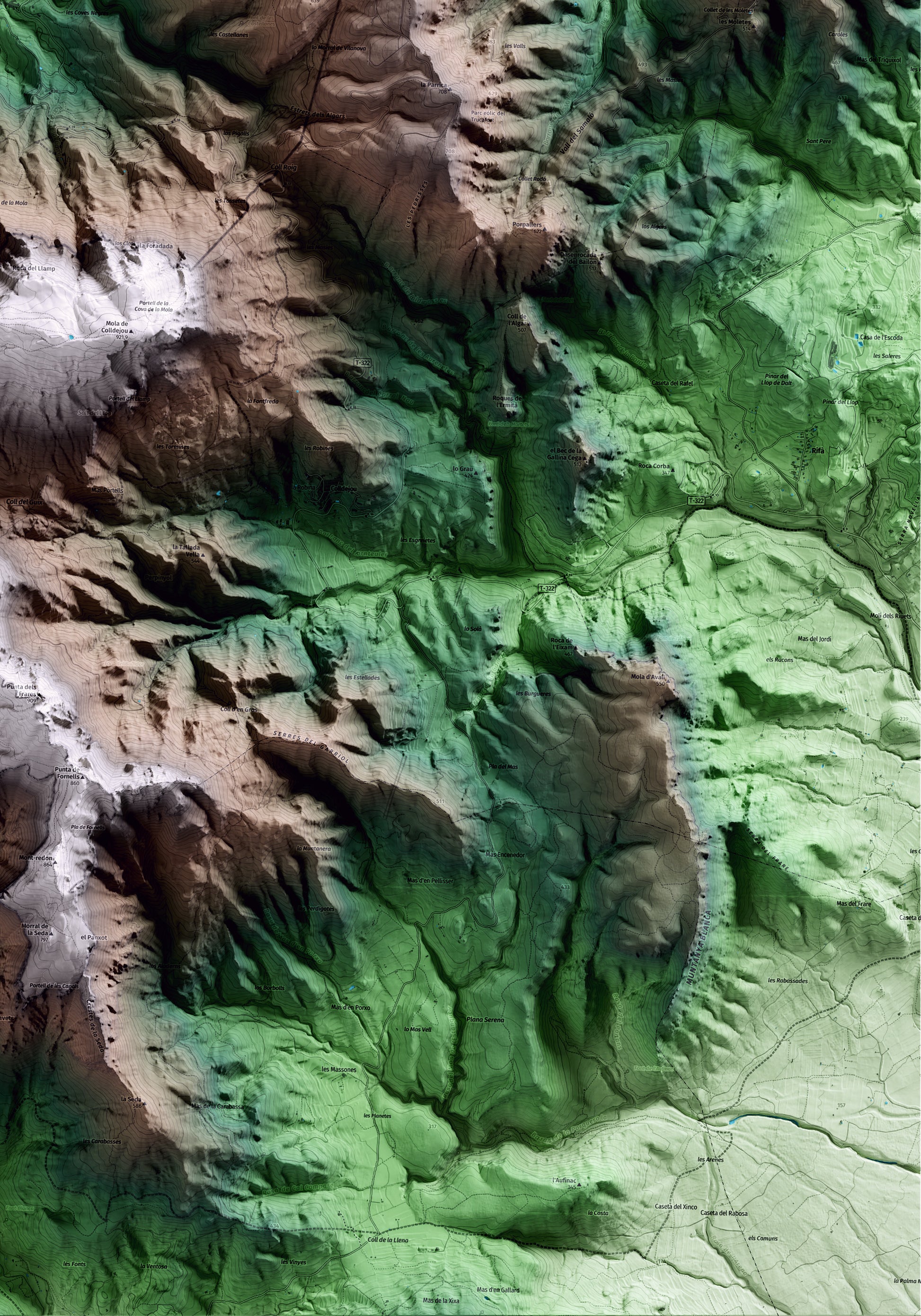 Mapa artístico del relieve de la Torre de Fontaubella, al Priorat, con 15 km de entorno y base topográfica ICGC. Detalle de la zona inferior derecha.