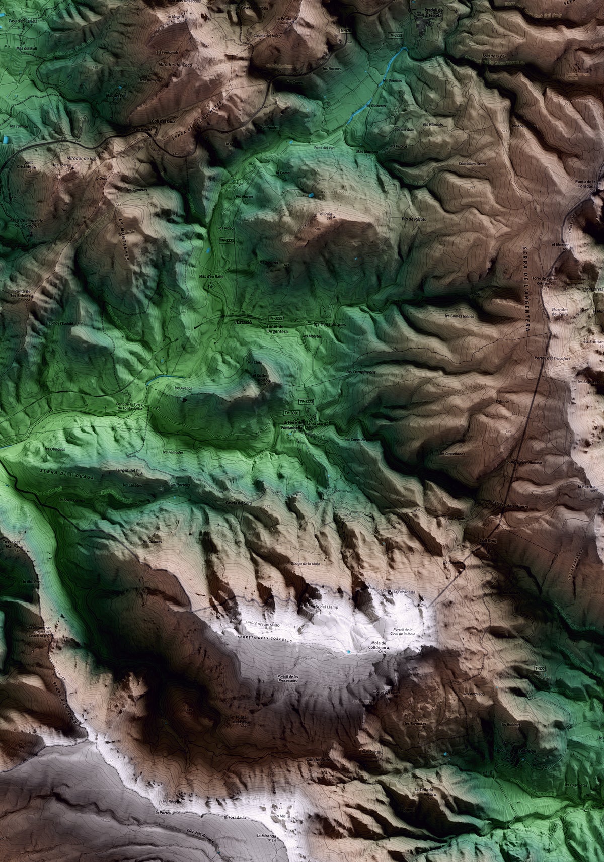 Mapa artístico del relieve de la Torre de Fontaubella, al Priorat, con 15 km de entorno y base topográfica ICGC. Detalle de la zona central.