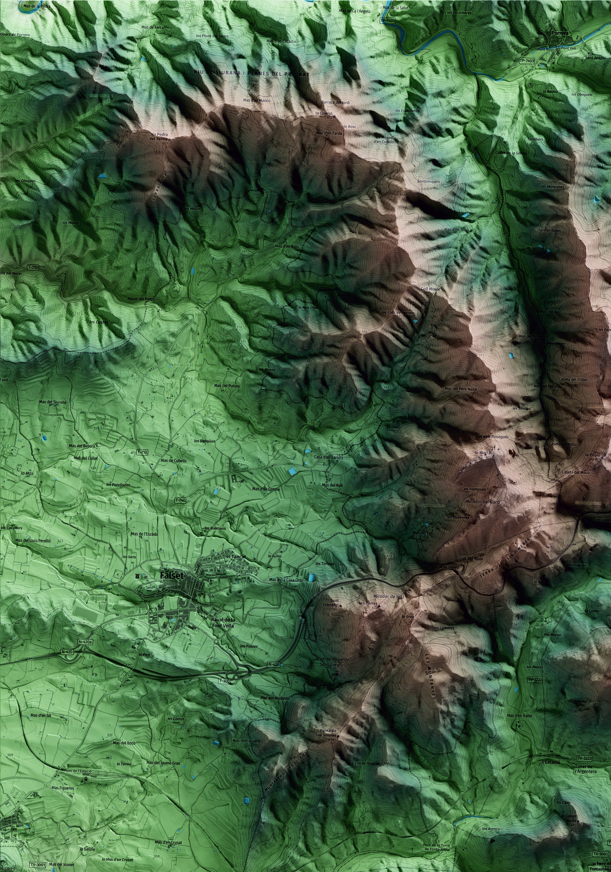 Mapa artístico del relieve de la Torre de Fontaubella, al Priorat, con 15 km de entorno y base topográfica ICGC. Detalle de la zona superior izquierda.