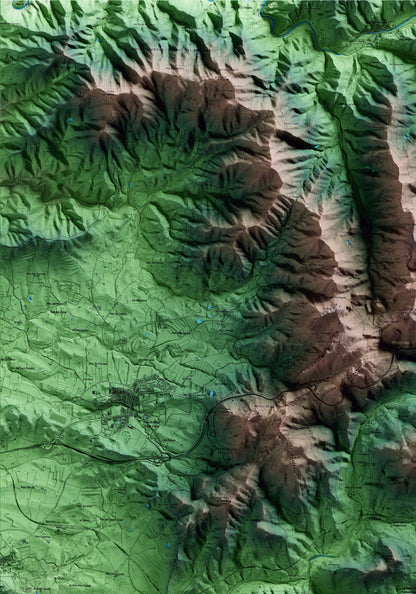 Mapa artístico del relieve de la Torre de Fontaubella, al Priorat, con 15 km de entorno y base topográfica ICGC. Detalle de la zona superior izquierda.