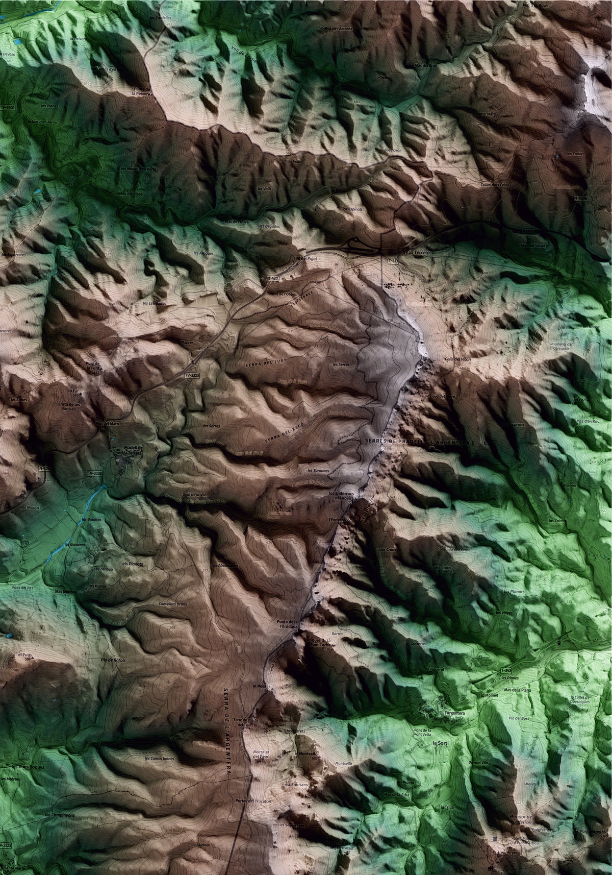 Mapa artístico del relieve de la Torre de Fontaubella, al Priorat, con 15 km de entorno y base topográfica ICGC. Detalle de la zona superior derecha.