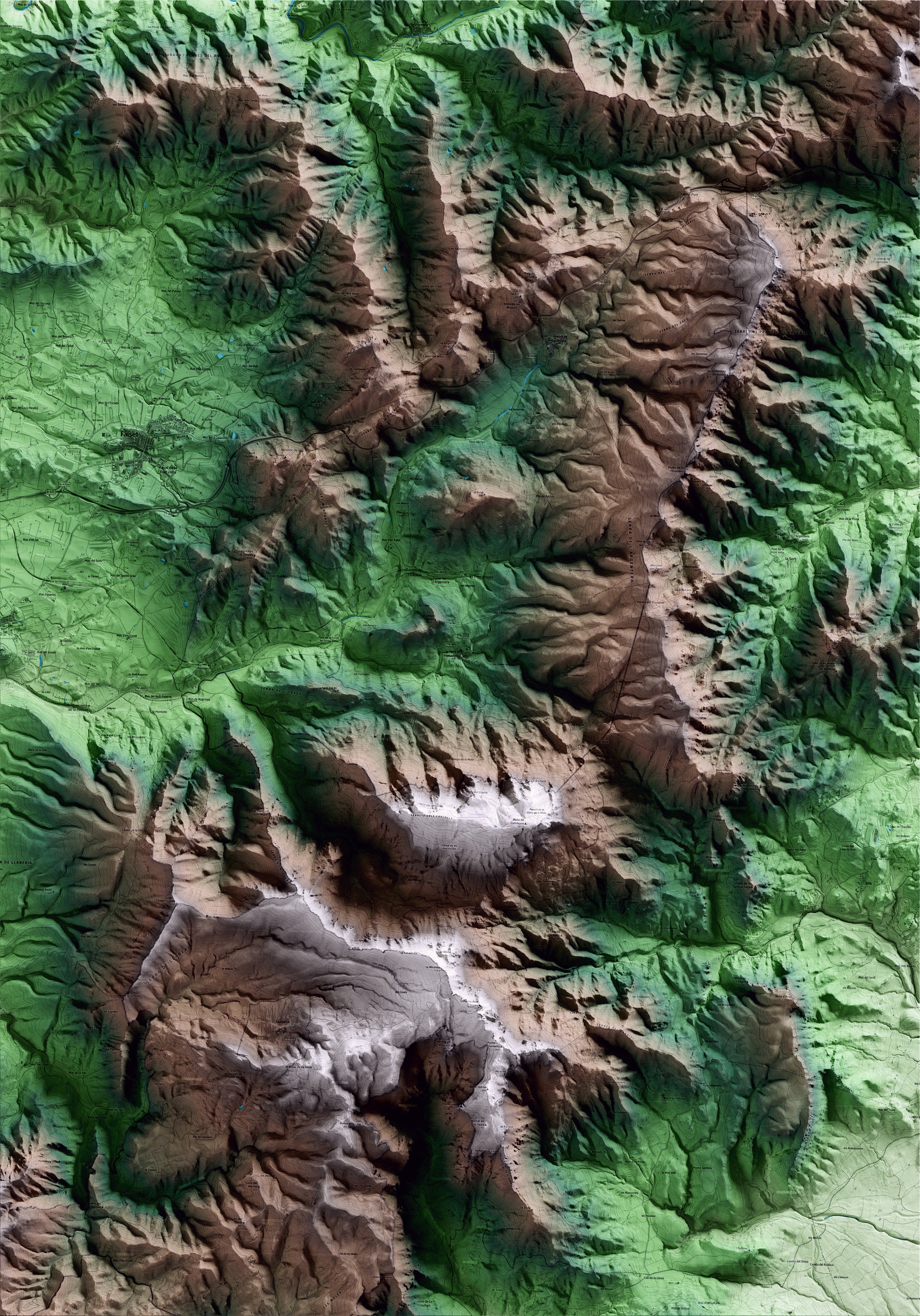 Mapa artístico del relieve de la Torre de Fontaubella, al Priorat, con 15 km de entorno y base topográfica ICGC