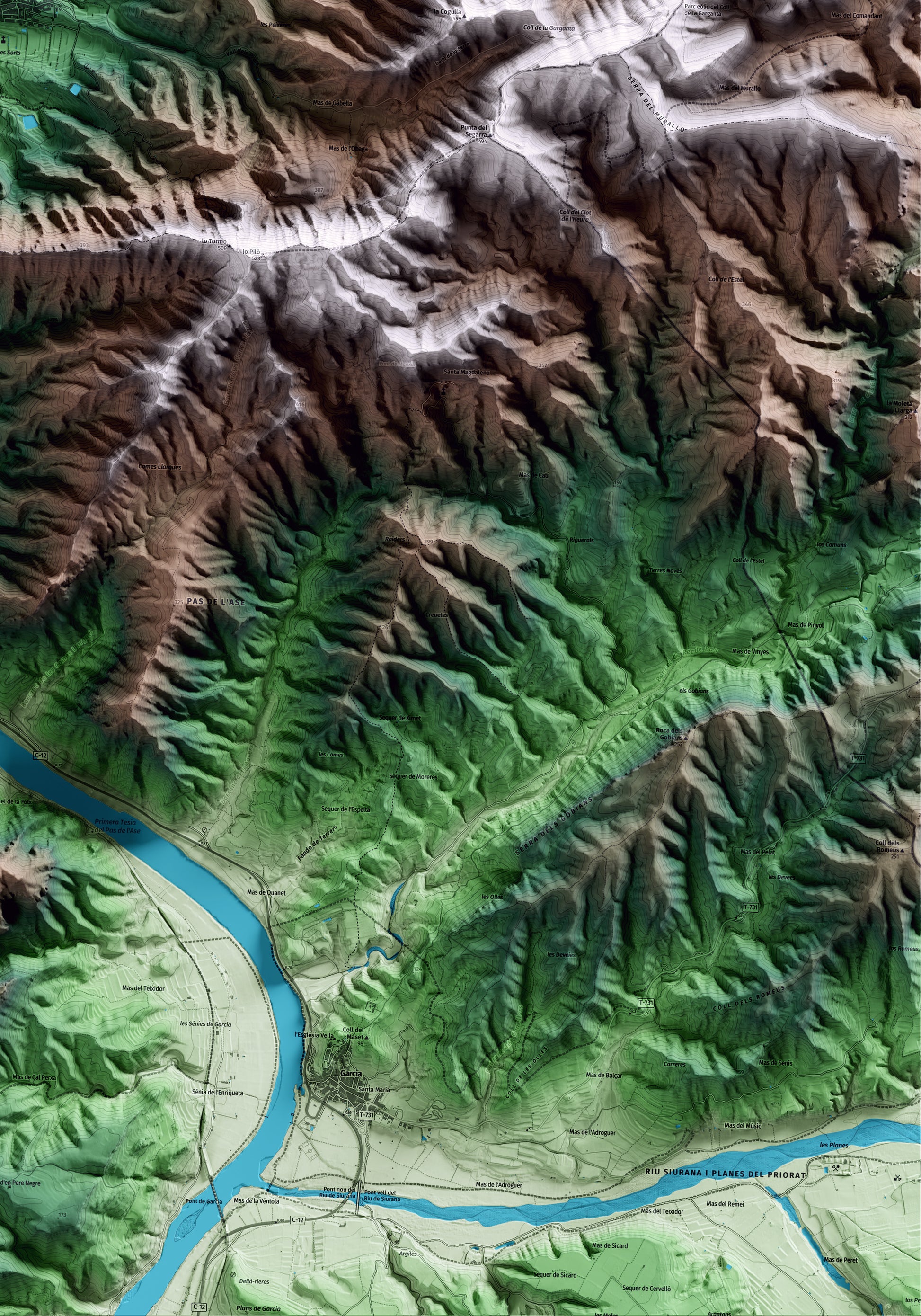 Mapa artístico del relieve de la Torre de l'Espanyol, a la Ribera de Ebro, con 15 km de entorno y base topográfica ICGC. Detalle de la zona inferior derecha.