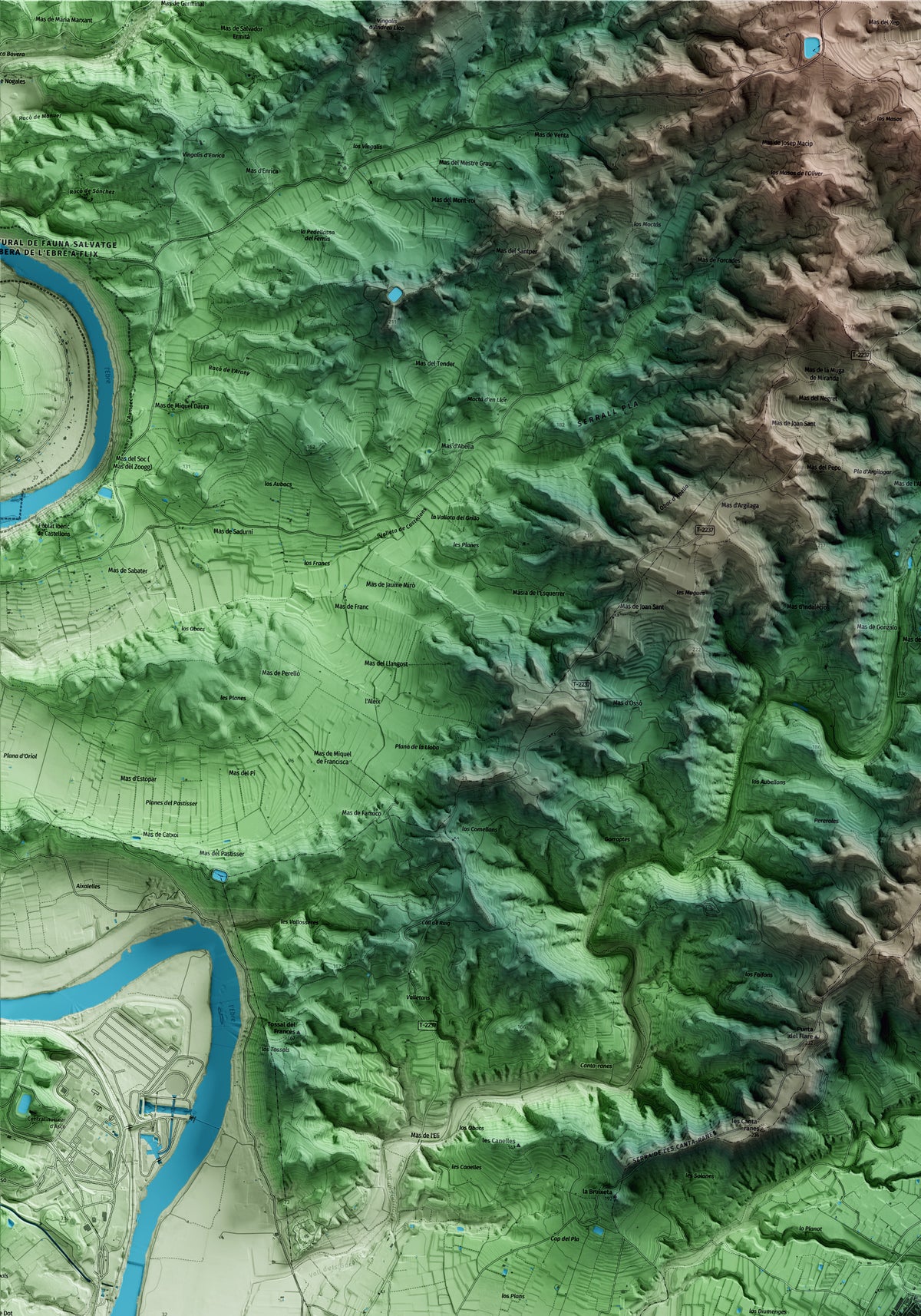 Mapa artístico del relieve de la Torre de l'Espanyol, a la Ribera de Ebro, con 15 km de entorno y base topográfica ICGC. Detalle de la zona superior izquierda.