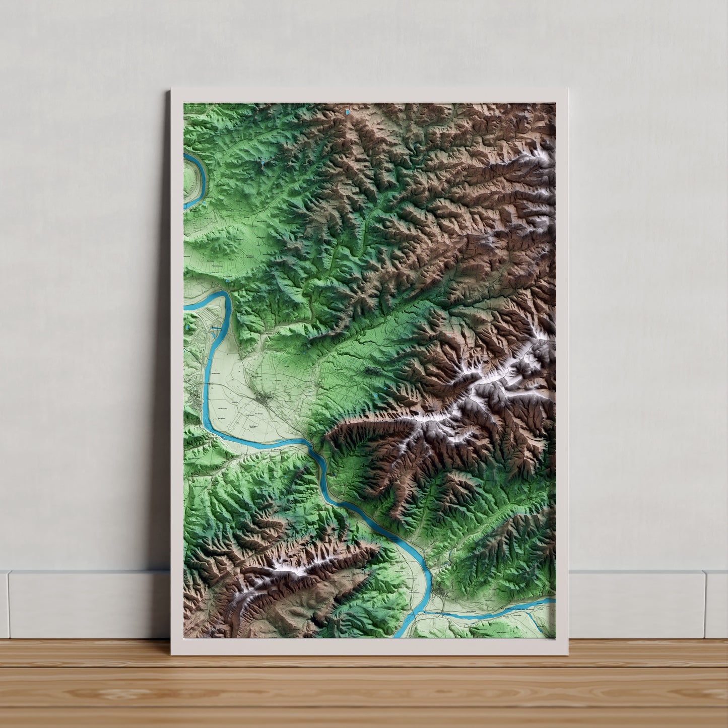 Mapa artístico del relieve de la Torre de l'Espanyol, a la Ribera de Ebro, con 15 km de entorno y base topográfica ICGC. Presentación enmarcada.