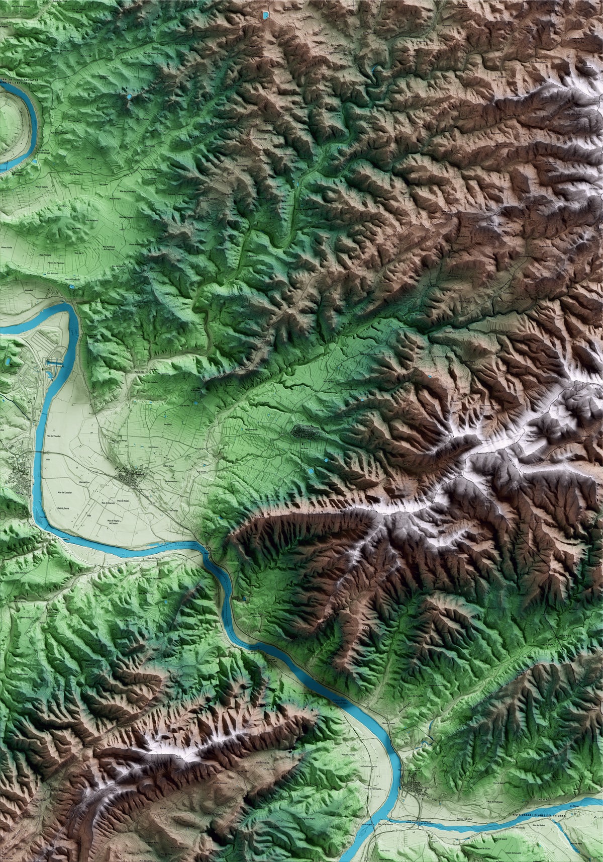 Mapa artístico del relieve de la Torre de l'Espanyol, a la Ribera de Ebro, con 15 km de entorno y base topográfica ICGC