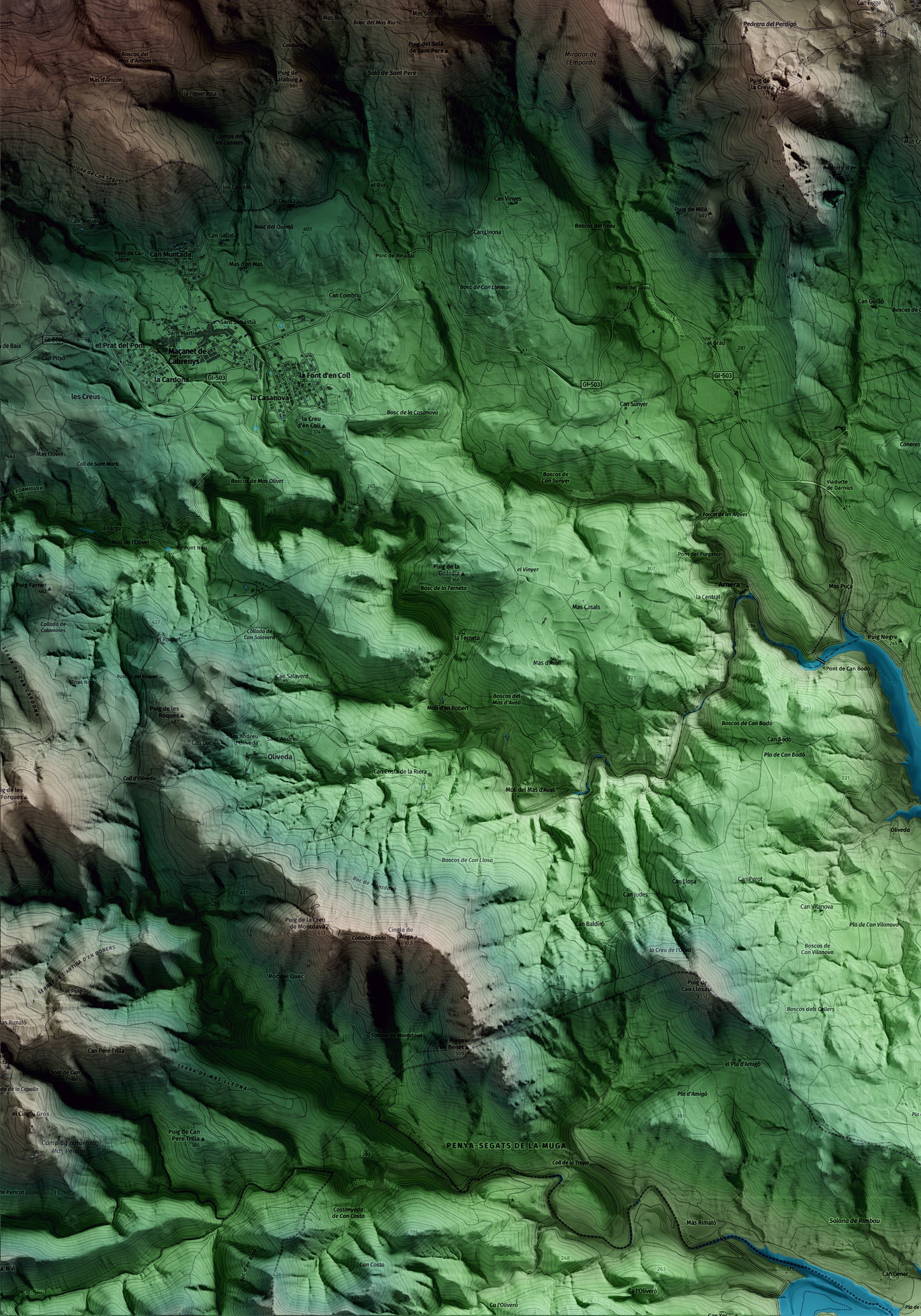 Mapa artístico del relieve de la Vajol, al Alt Empordà, con 15 km de entorno y base topográfica ICGC. Detalle de la zona inferior izquierda.