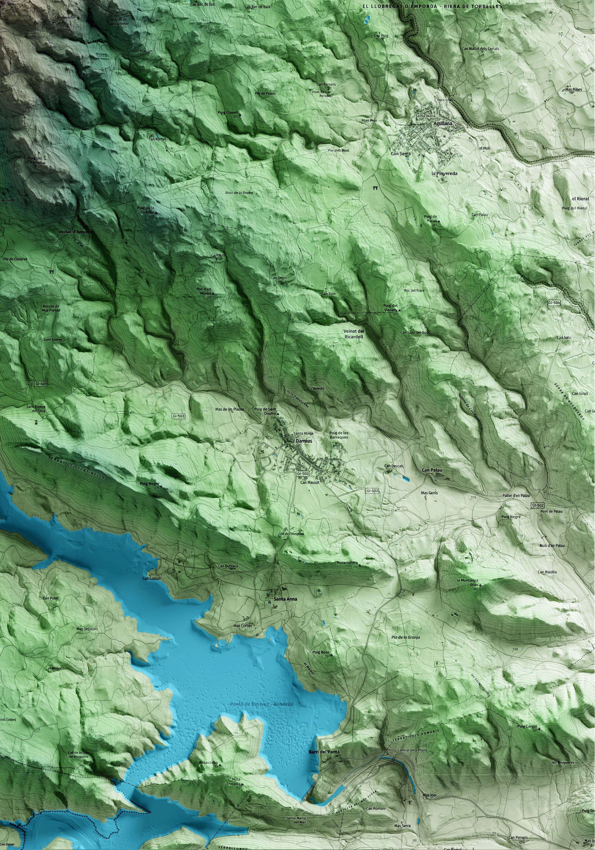 Mapa artístico del relieve de la Vajol, al Alt Empordà, con 15 km de entorno y base topográfica ICGC. Detalle de la zona inferior derecha.