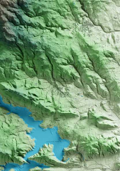 Mapa artístico del relieve de la Vajol, al Alt Empordà, con 15 km de entorno y base topográfica ICGC. Detalle de la zona inferior derecha.