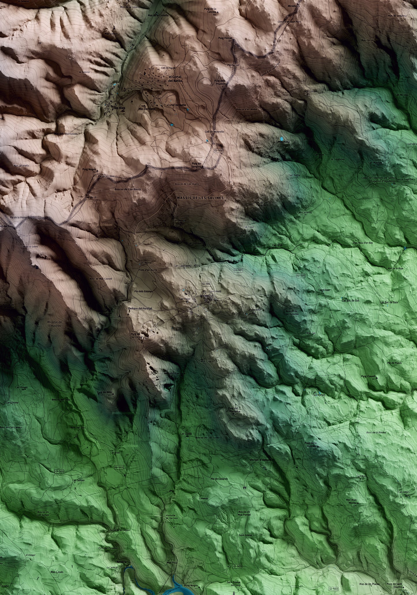 Mapa artístico del relieve de la Vajol, al Alt Empordà, con 15 km de entorno y base topográfica ICGC. Detalle de la zona central.