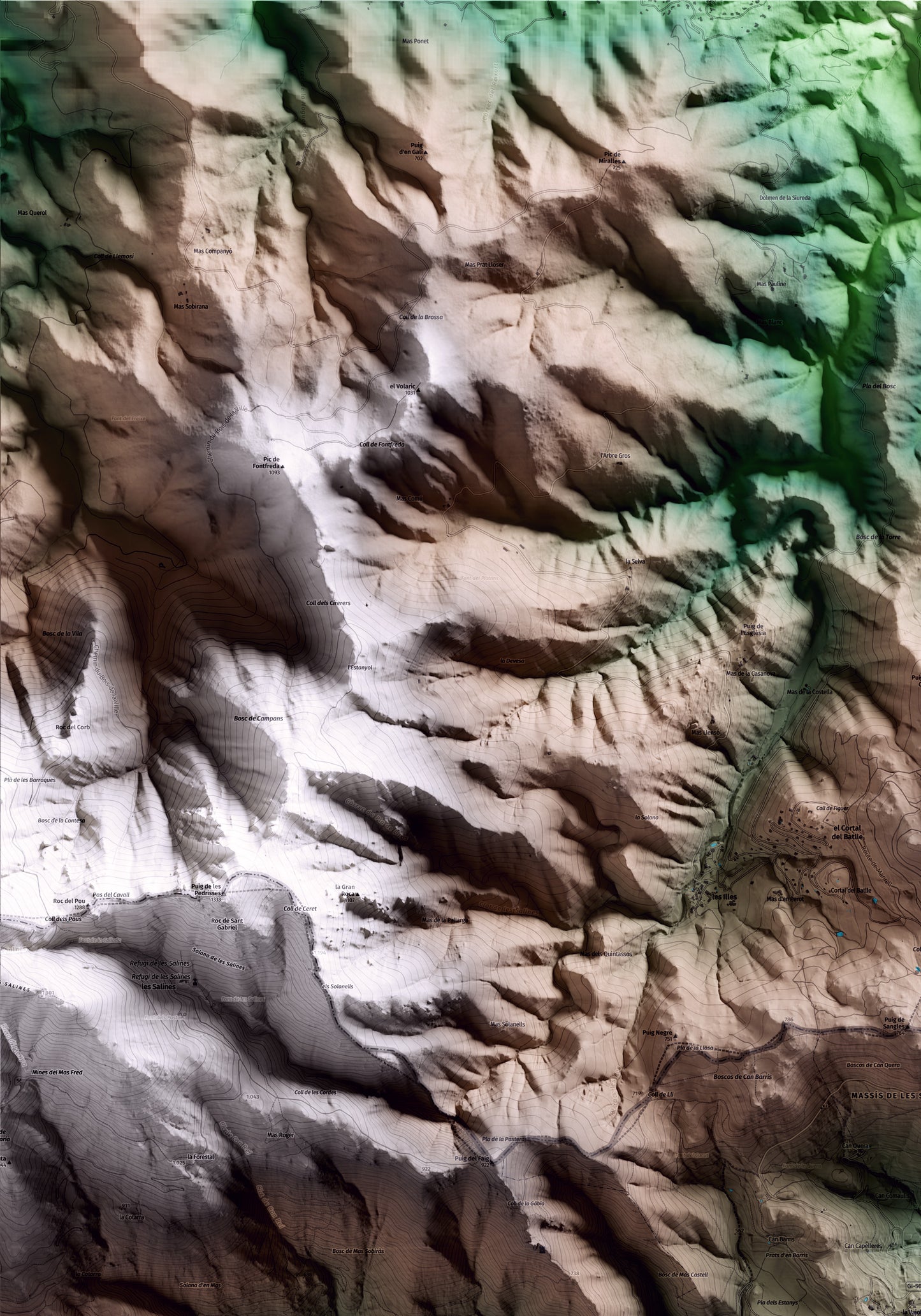 Mapa artístico del relieve de la Vajol, al Alt Empordà, con 15 km de entorno y base topográfica ICGC. Detalle de la zona superior izquierda.