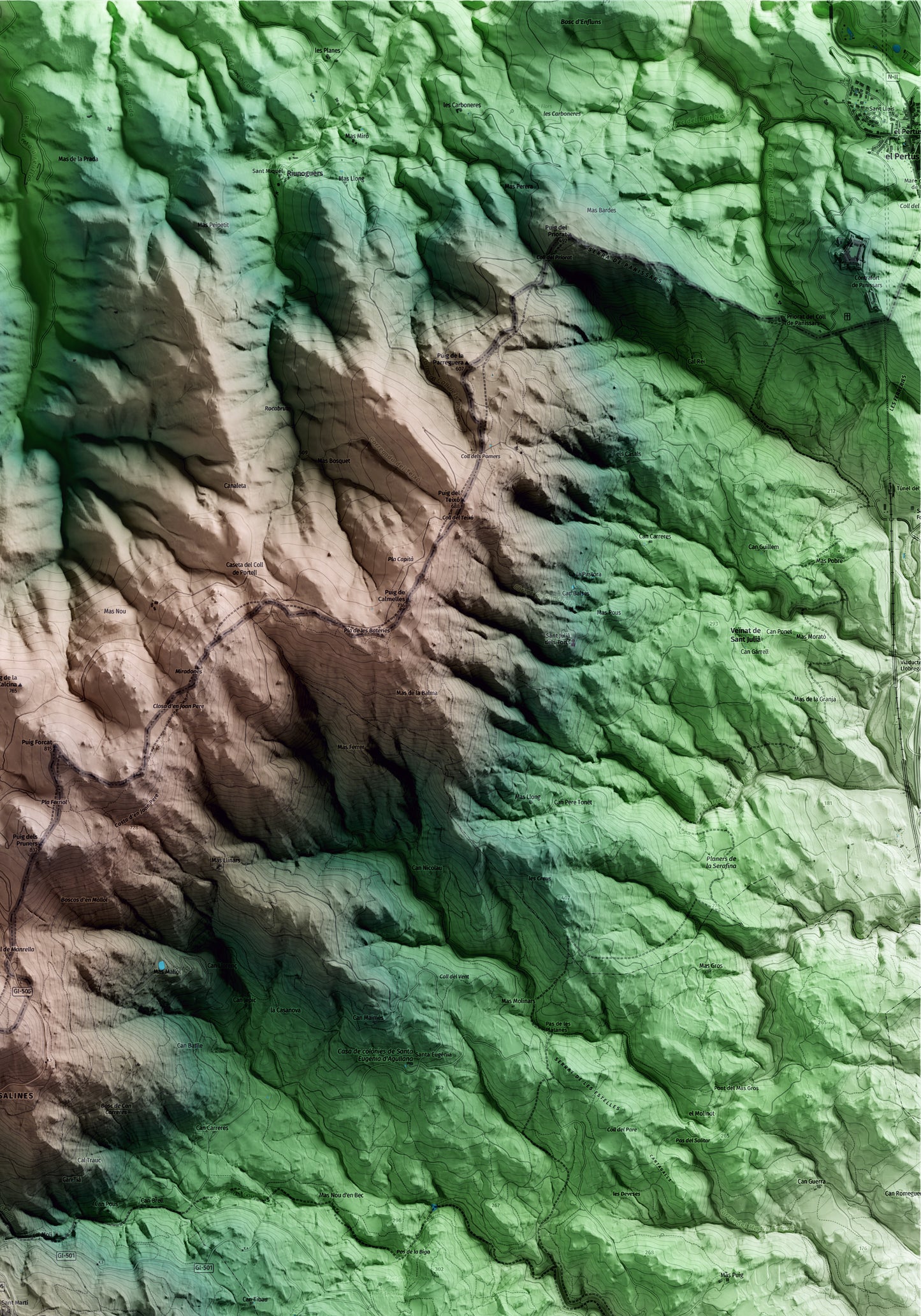 Mapa artístico del relieve de la Vajol, al Alt Empordà, con 15 km de entorno y base topográfica ICGC. Detalle de la zona superior derecha.