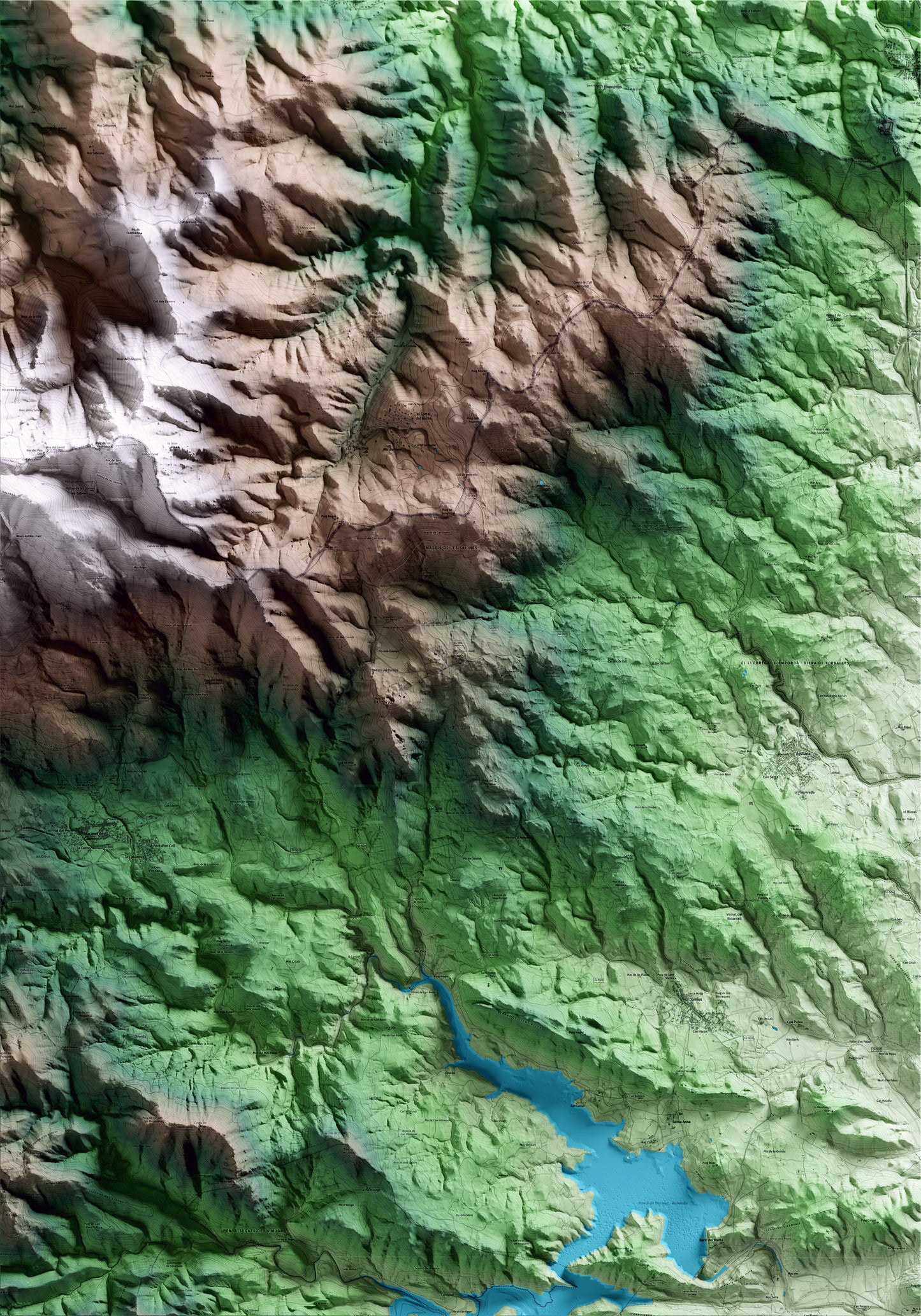 Mapa artístico del relieve de la Vajol, al Alt Empordà, con 15 km de entorno y base topográfica ICGC