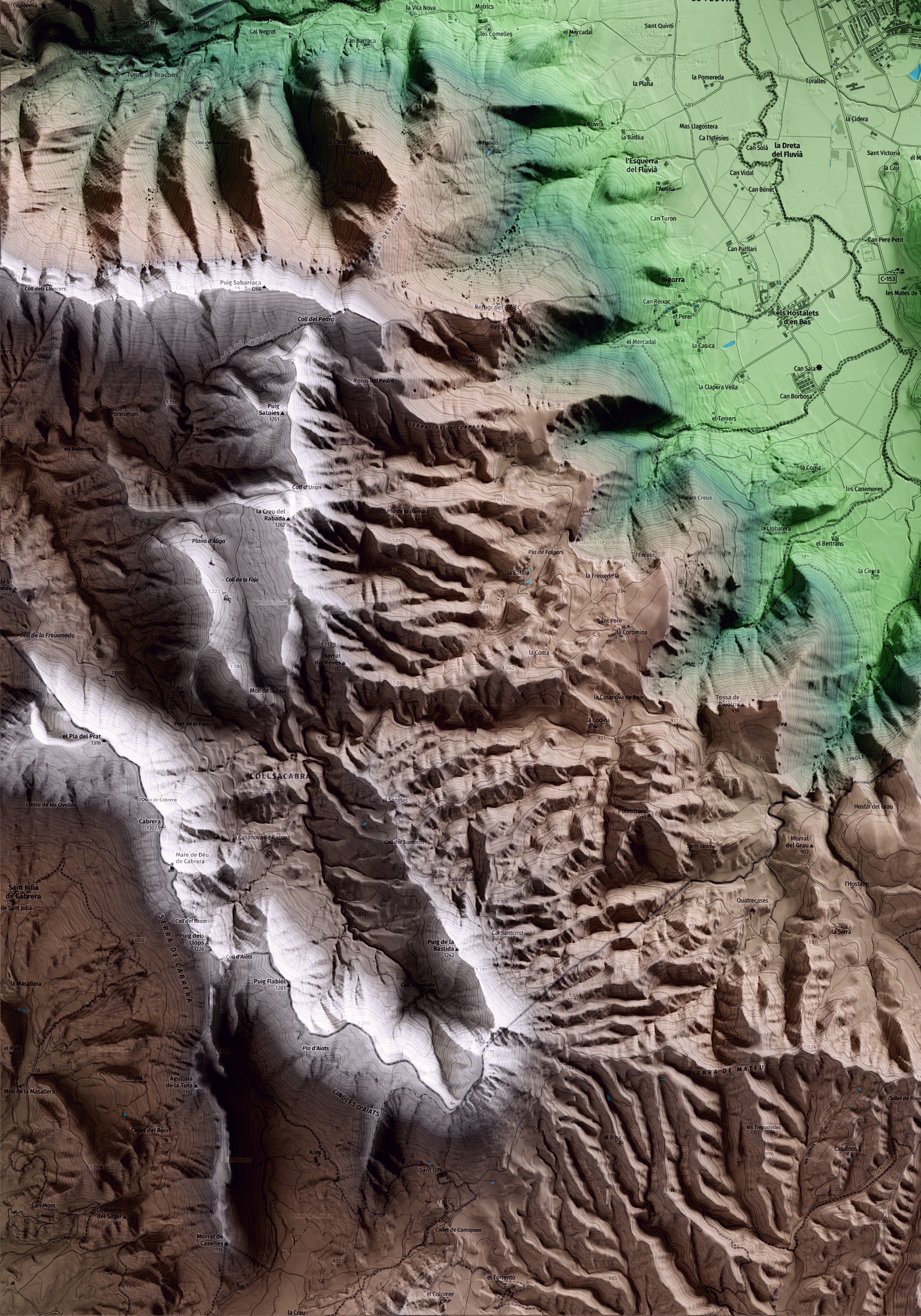 Mapa artístico del relieve de la Vall d'en Bas, a la Garrotxa, con 15 km de entorno y base topográfica ICGC. Detalle de la zona inferior izquierda.