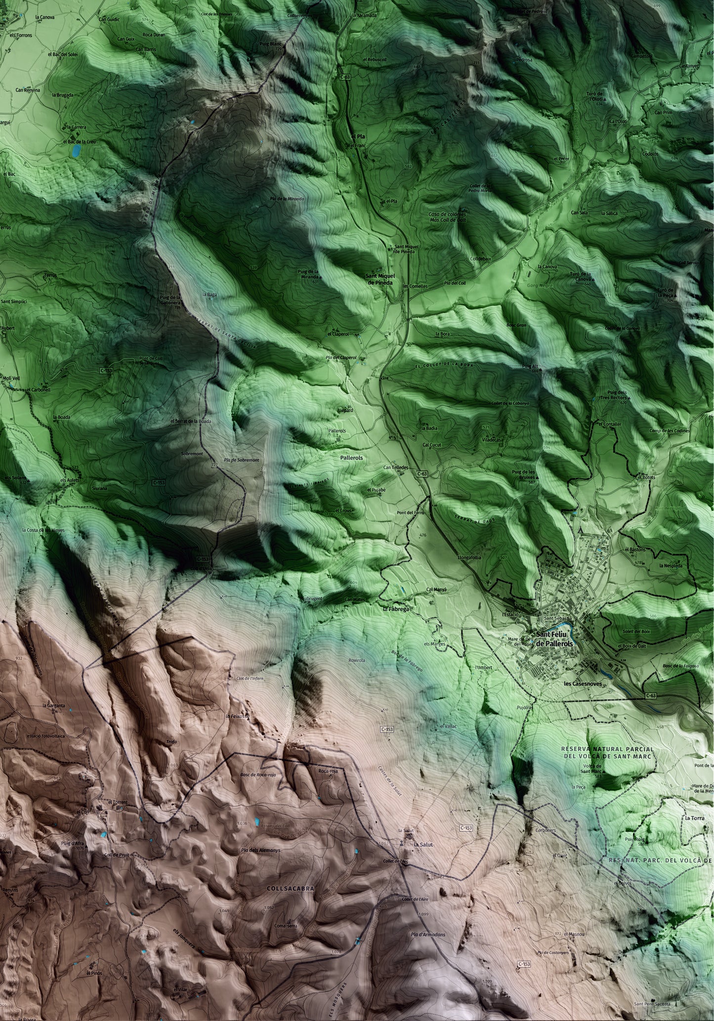Mapa artístico del relieve de la Vall d'en Bas, a la Garrotxa, con 15 km de entorno y base topográfica ICGC. Detalle de la zona inferior derecha.