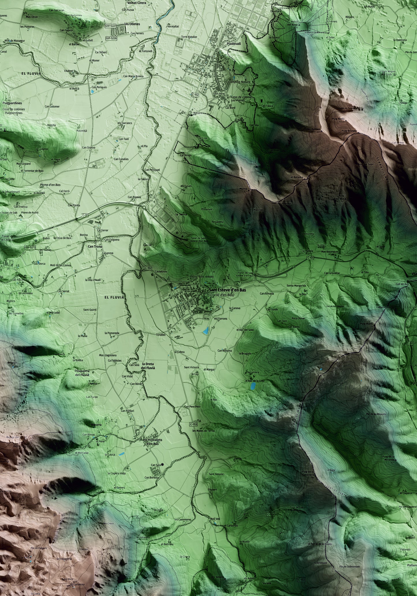 Mapa artístico del relieve de la Vall d'en Bas, a la Garrotxa, con 15 km de entorno y base topográfica ICGC. Detalle de la zona central.