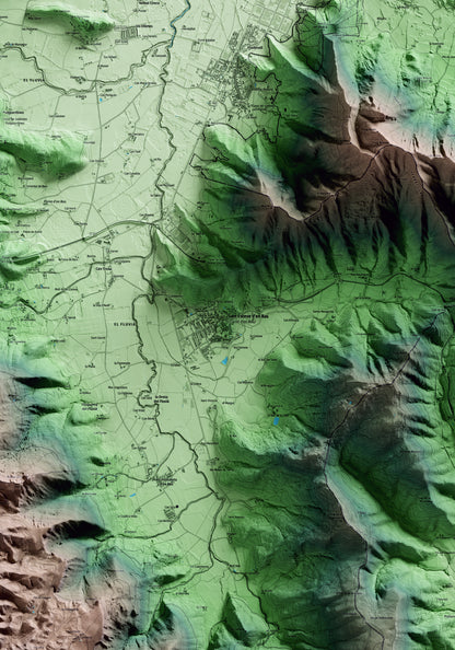 Mapa artístico del relieve de la Vall d'en Bas, a la Garrotxa, con 15 km de entorno y base topográfica ICGC. Detalle de la zona central.