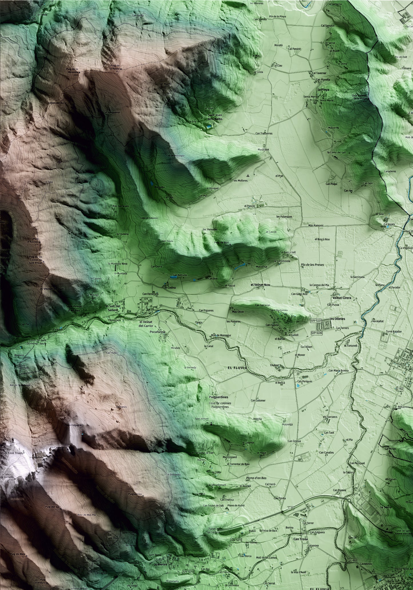 Mapa artístico del relieve de la Vall d'en Bas, a la Garrotxa, con 15 km de entorno y base topográfica ICGC. Detalle de la zona superior izquierda.