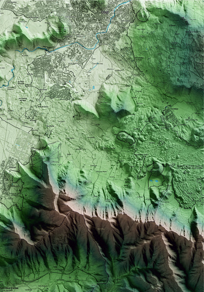 Mapa artístico del relieve de la Vall d'en Bas, a la Garrotxa, con 15 km de entorno y base topográfica ICGC. Detalle de la zona superior derecha.