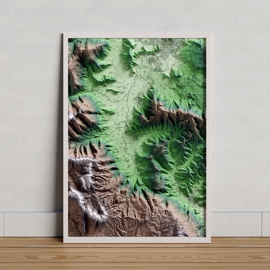 Mapa artístico del relieve de la Vall d'en Bas, a la Garrotxa, con 15 km de entorno y base topográfica ICGC. Presentación enmarcada.