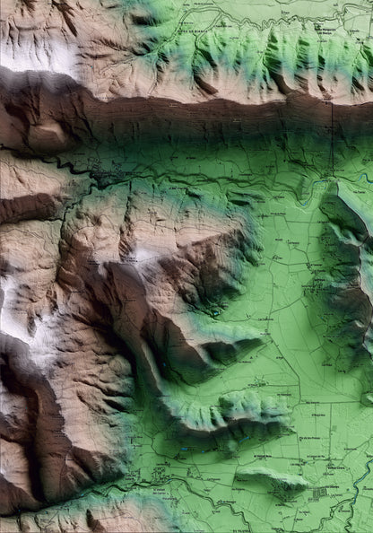 Mapa artístico del relieve de la Vall de Bianya, a la Garrotxa, con 15 km de entorno y base topográfica ICGC. Detalle de la zona inferior izquierda.