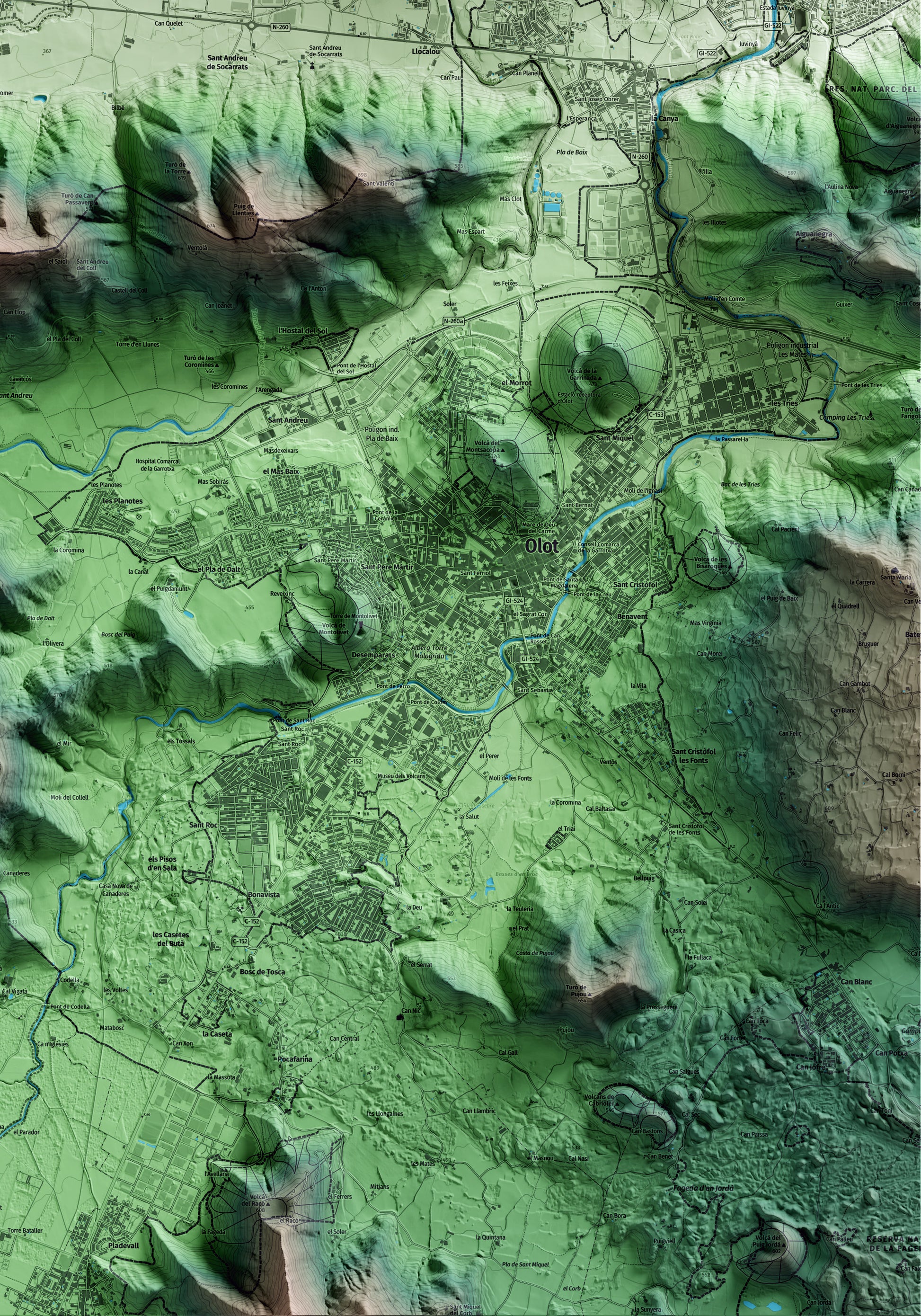 Mapa artístico del relieve de la Vall de Bianya, a la Garrotxa, con 15 km de entorno y base topográfica ICGC. Detalle de la zona inferior derecha.