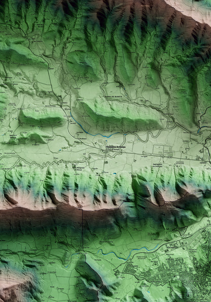 Mapa artístico del relieve de la Vall de Bianya, a la Garrotxa, con 15 km de entorno y base topográfica ICGC. Detalle de la zona central.
