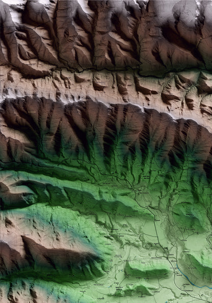 Mapa artístico del relieve de la Vall de Bianya, a la Garrotxa, con 15 km de entorno y base topográfica ICGC. Detalle de la zona superior izquierda.