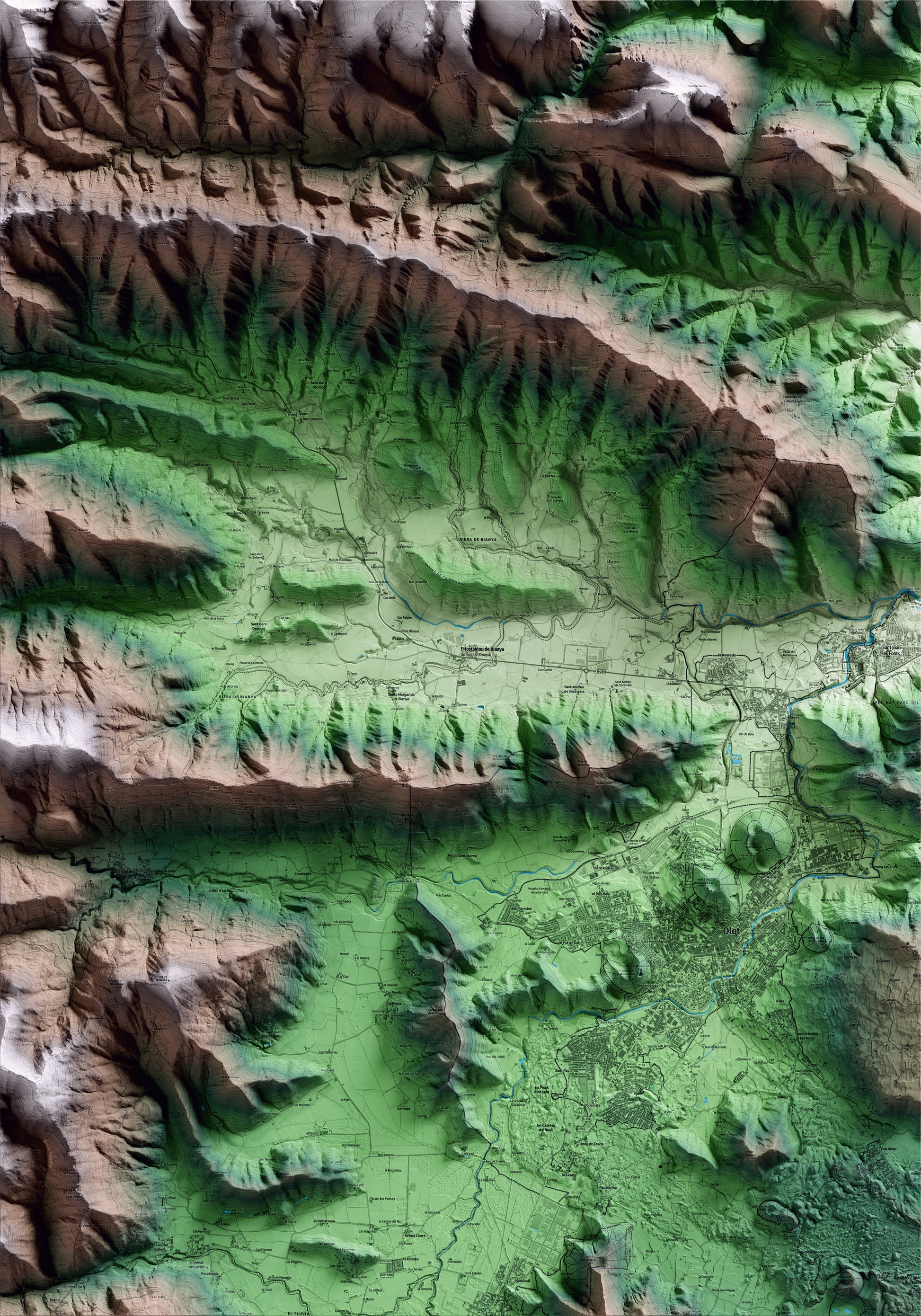 Mapa artístico del relieve de la Vall de Bianya, a la Garrotxa, con 15 km de entorno y base topográfica ICGC