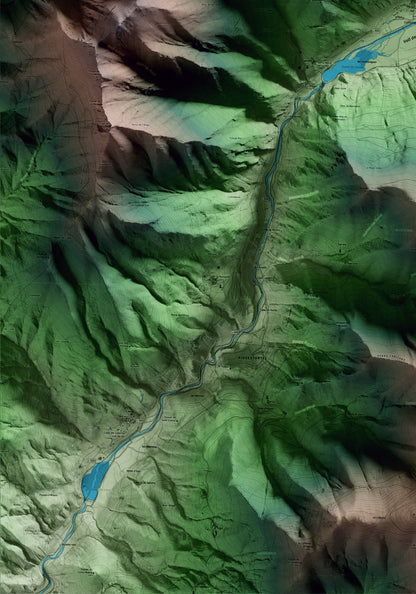 Mapa artístico del relieve de la Vall de Boí, al Alta Ribagorça, con 15 km de entorno y base topográfica ICGC. Detalle de la zona inferior izquierda.