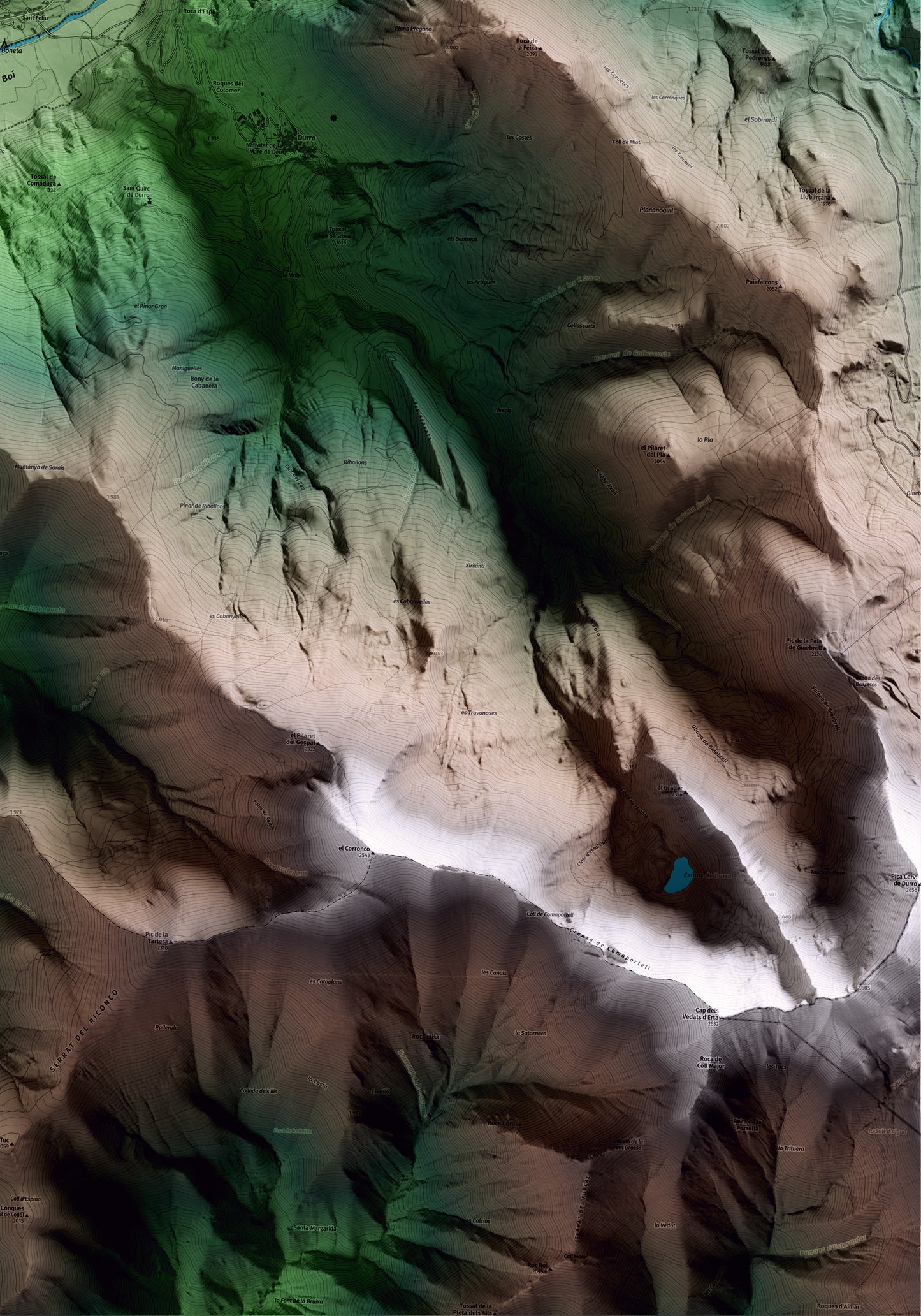 Mapa artístico del relieve de la Vall de Boí, al Alta Ribagorça, con 15 km de entorno y base topográfica ICGC. Detalle de la zona inferior derecha.