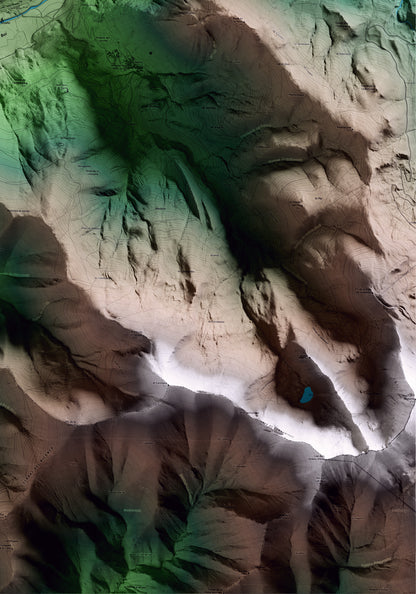 Mapa artístico del relieve de la Vall de Boí, al Alta Ribagorça, con 15 km de entorno y base topográfica ICGC. Detalle de la zona inferior derecha.
