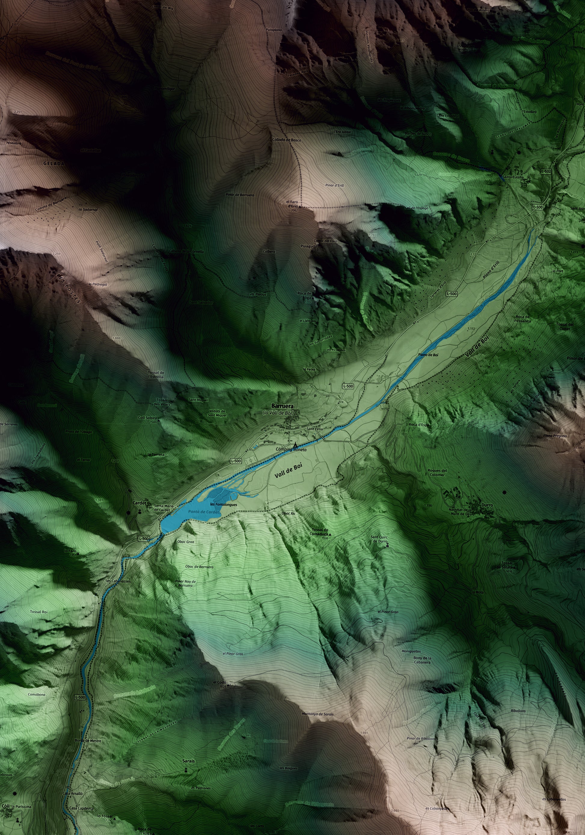 Mapa artístico del relieve de la Vall de Boí, al Alta Ribagorça, con 15 km de entorno y base topográfica ICGC. Detalle de la zona central.