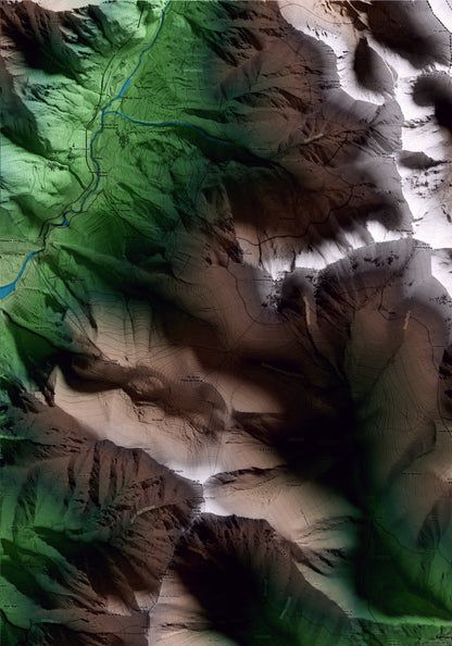 Mapa artístico del relieve de la Vall de Boí, al Alta Ribagorça, con 15 km de entorno y base topográfica ICGC. Detalle de la zona superior izquierda.