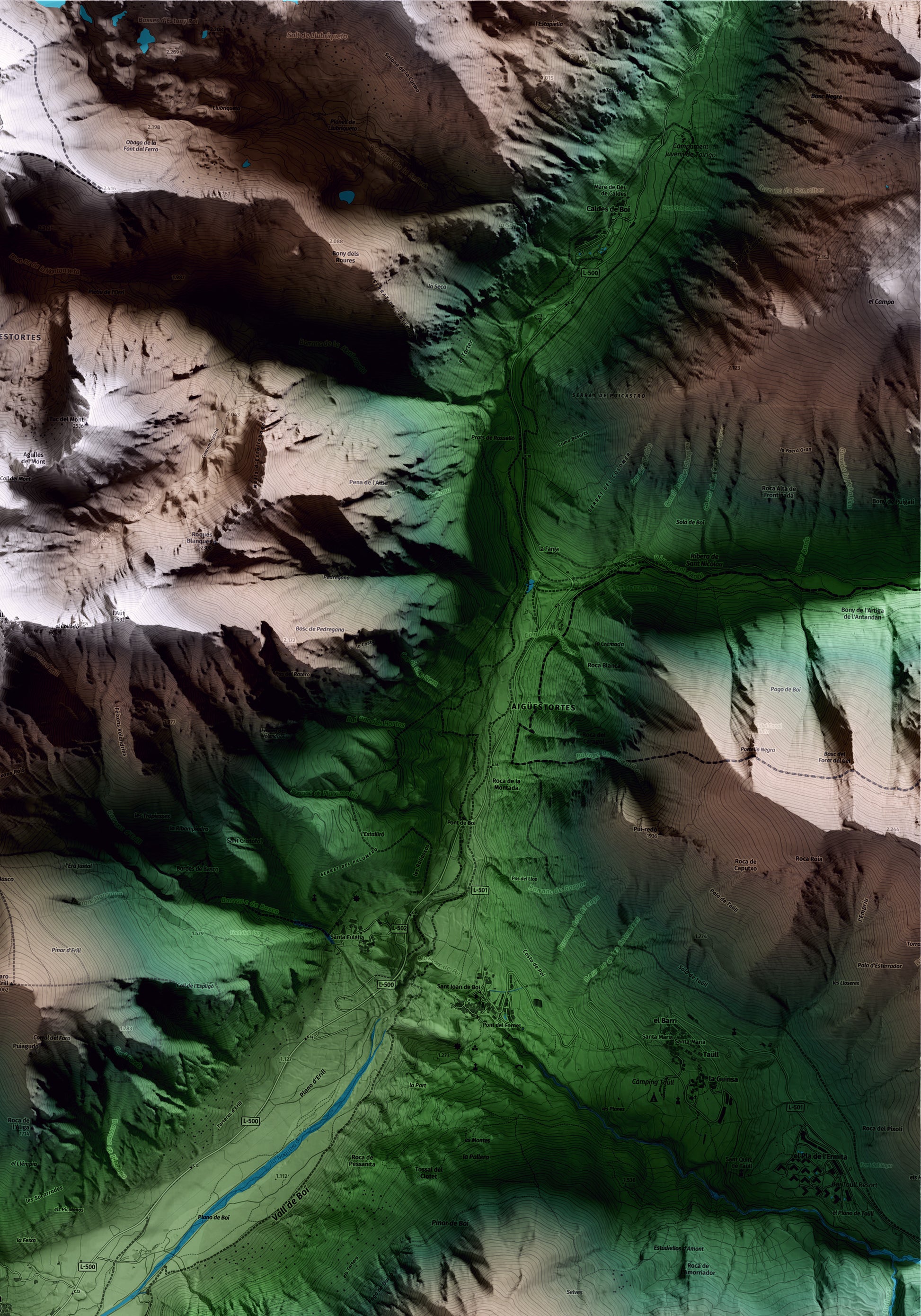 Mapa artístico del relieve de la Vall de Boí, al Alta Ribagorça, con 15 km de entorno y base topográfica ICGC. Detalle de la zona superior derecha.