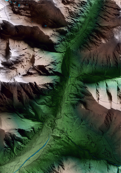 Mapa artístico del relieve de la Vall de Boí, al Alta Ribagorça, con 15 km de entorno y base topográfica ICGC. Detalle de la zona superior derecha.