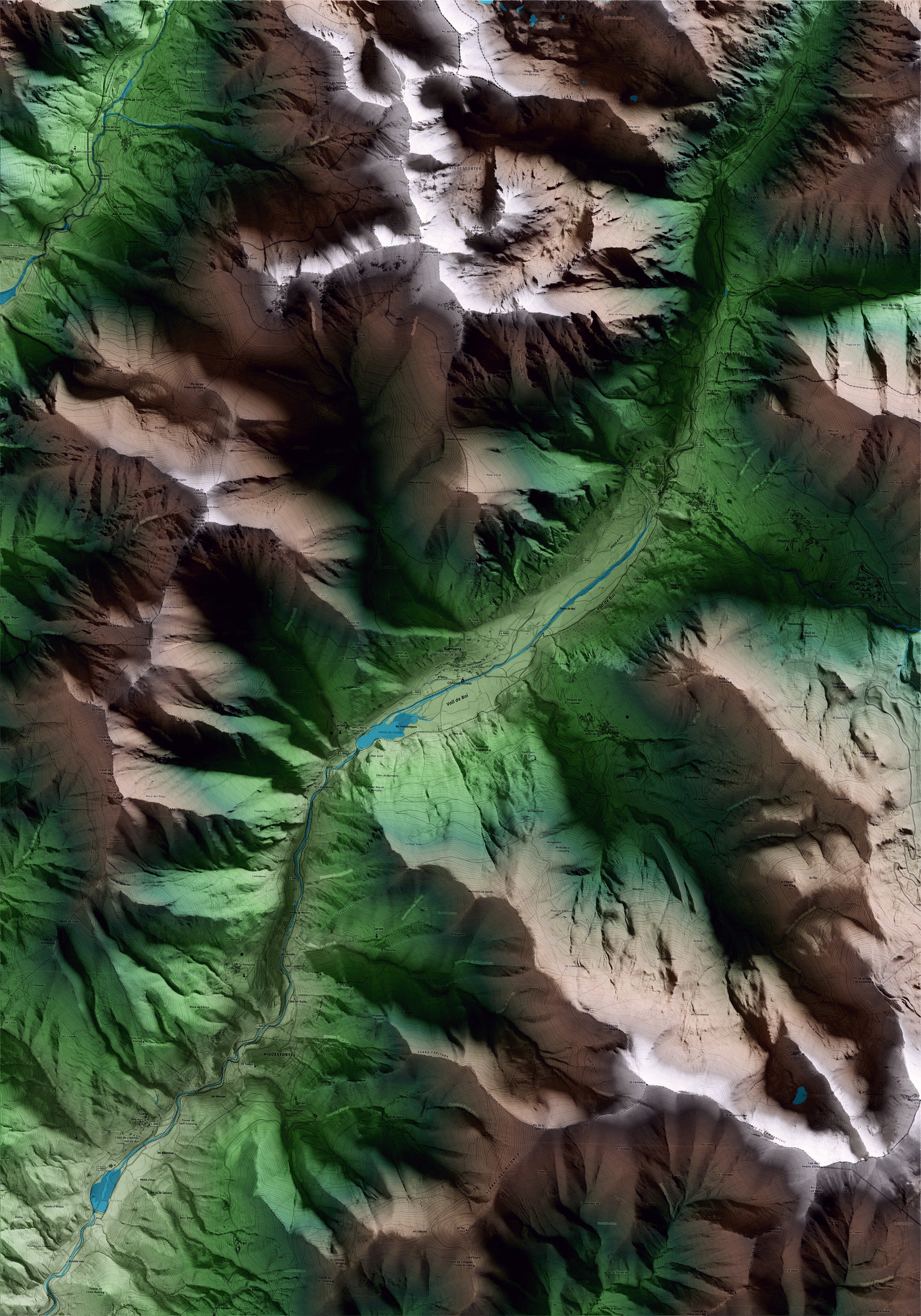 Mapa artístico del relieve de la Vall de Boí, al Alta Ribagorça, con 15 km de entorno y base topográfica ICGC