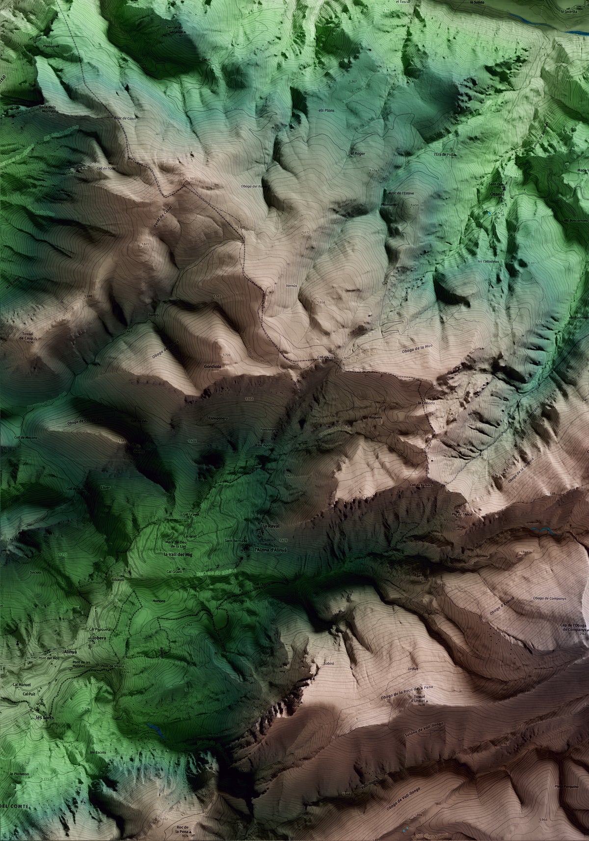 Mapa artístico del relieve de la Vansa i Fórnols, al Alt Urgell, con 15 km de entorno y base topográfica ICGC. Detalle de la zona inferior izquierda.