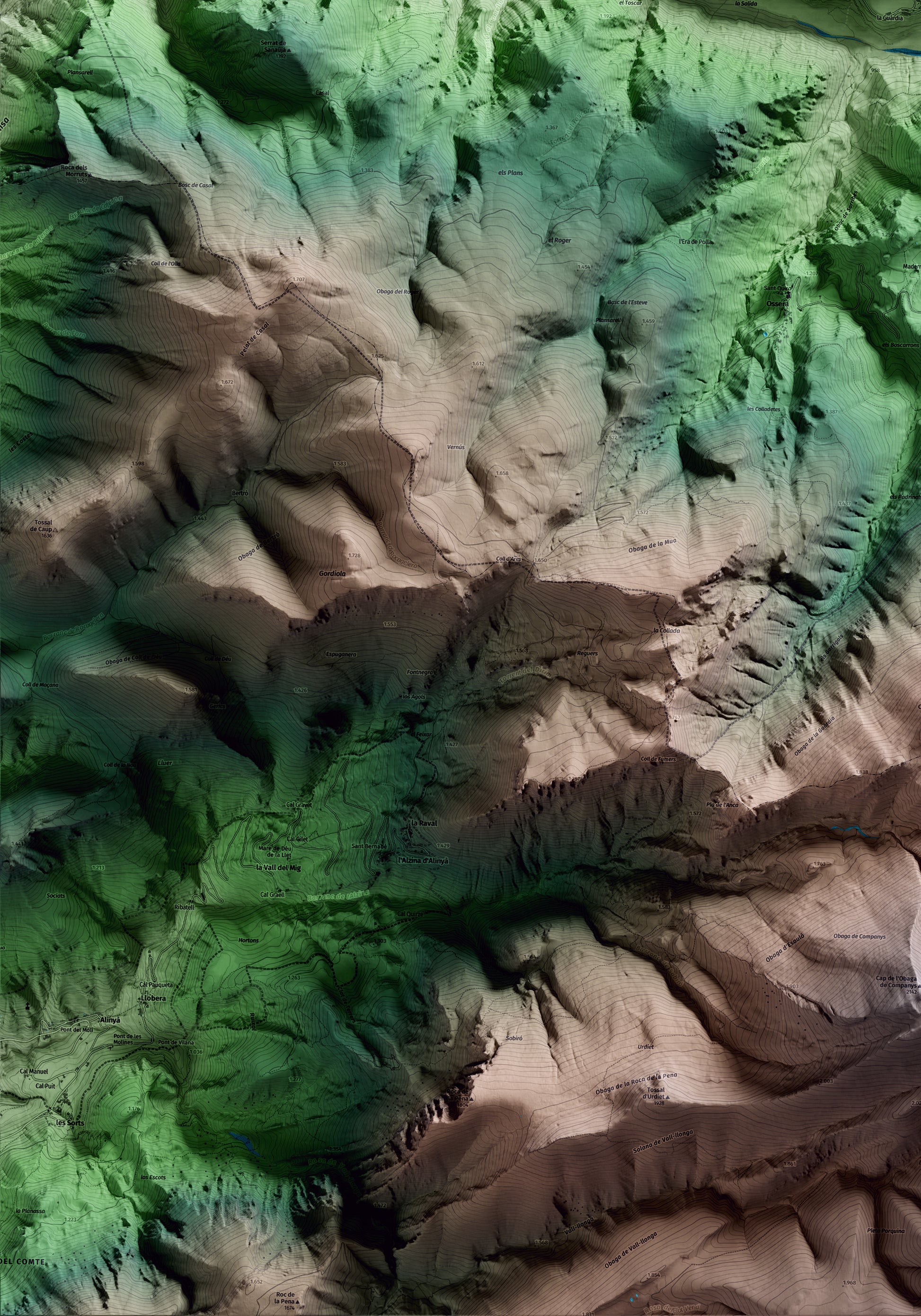 Mapa artístico del relieve de la Vansa i Fórnols, al Alt Urgell, con 15 km de entorno y base topográfica ICGC. Detalle de la zona inferior izquierda.