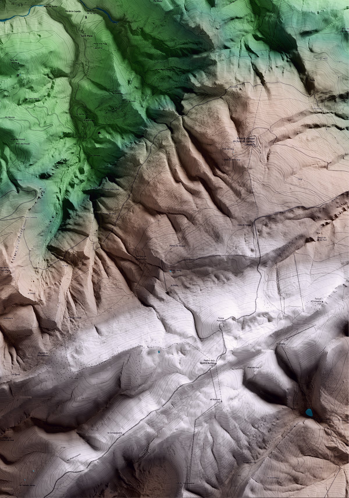 Mapa artístico del relieve de la Vansa i Fórnols, al Alt Urgell, con 15 km de entorno y base topográfica ICGC. Detalle de la zona inferior derecha.