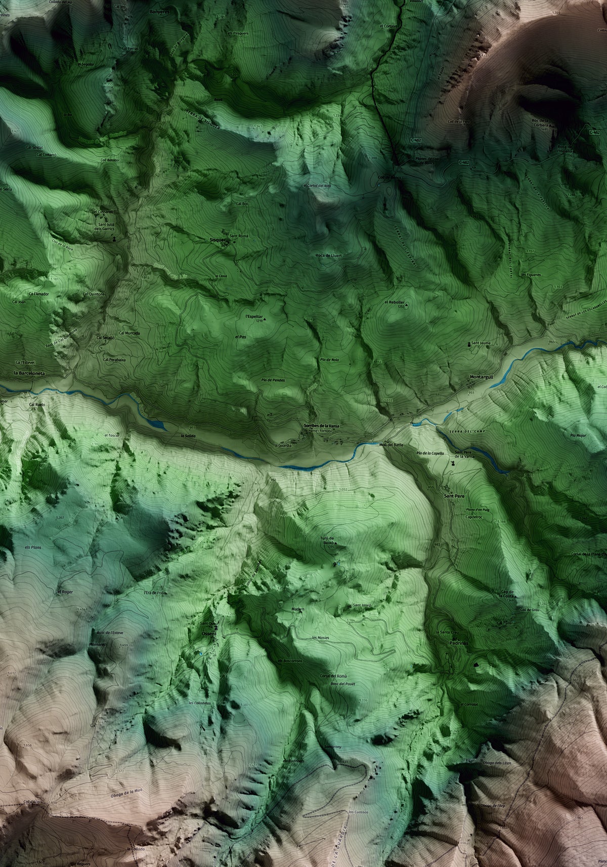 Mapa artístico del relieve de la Vansa i Fórnols, al Alt Urgell, con 15 km de entorno y base topográfica ICGC. Detalle de la zona central.