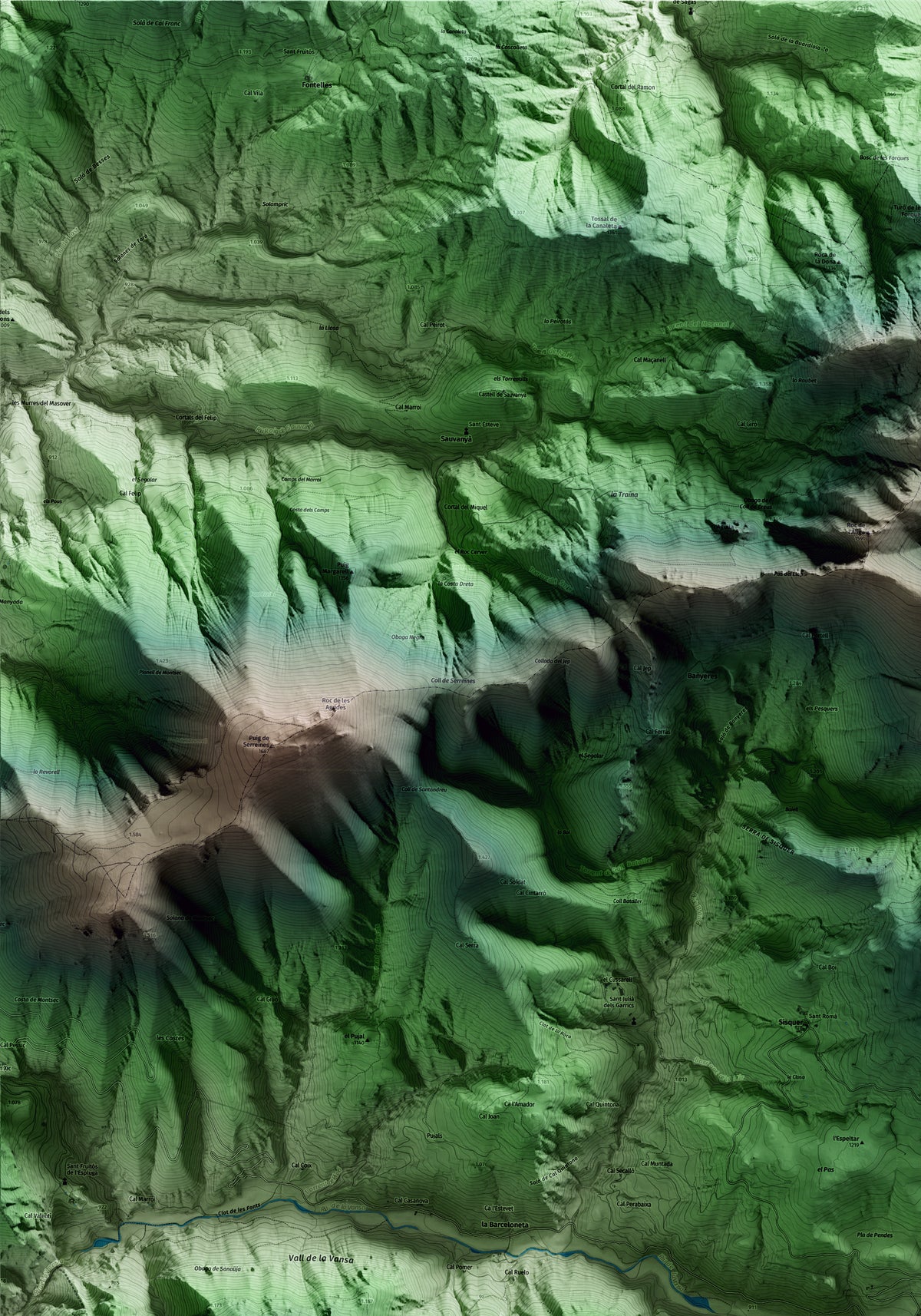 Mapa artístico del relieve de la Vansa i Fórnols, al Alt Urgell, con 15 km de entorno y base topográfica ICGC. Detalle de la zona superior izquierda.